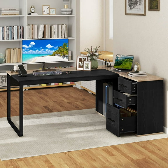 Uforic 71" L-Shaped Desk File Cabinet, Computer Desk with Power Outlets, Executive Desk for Home Office