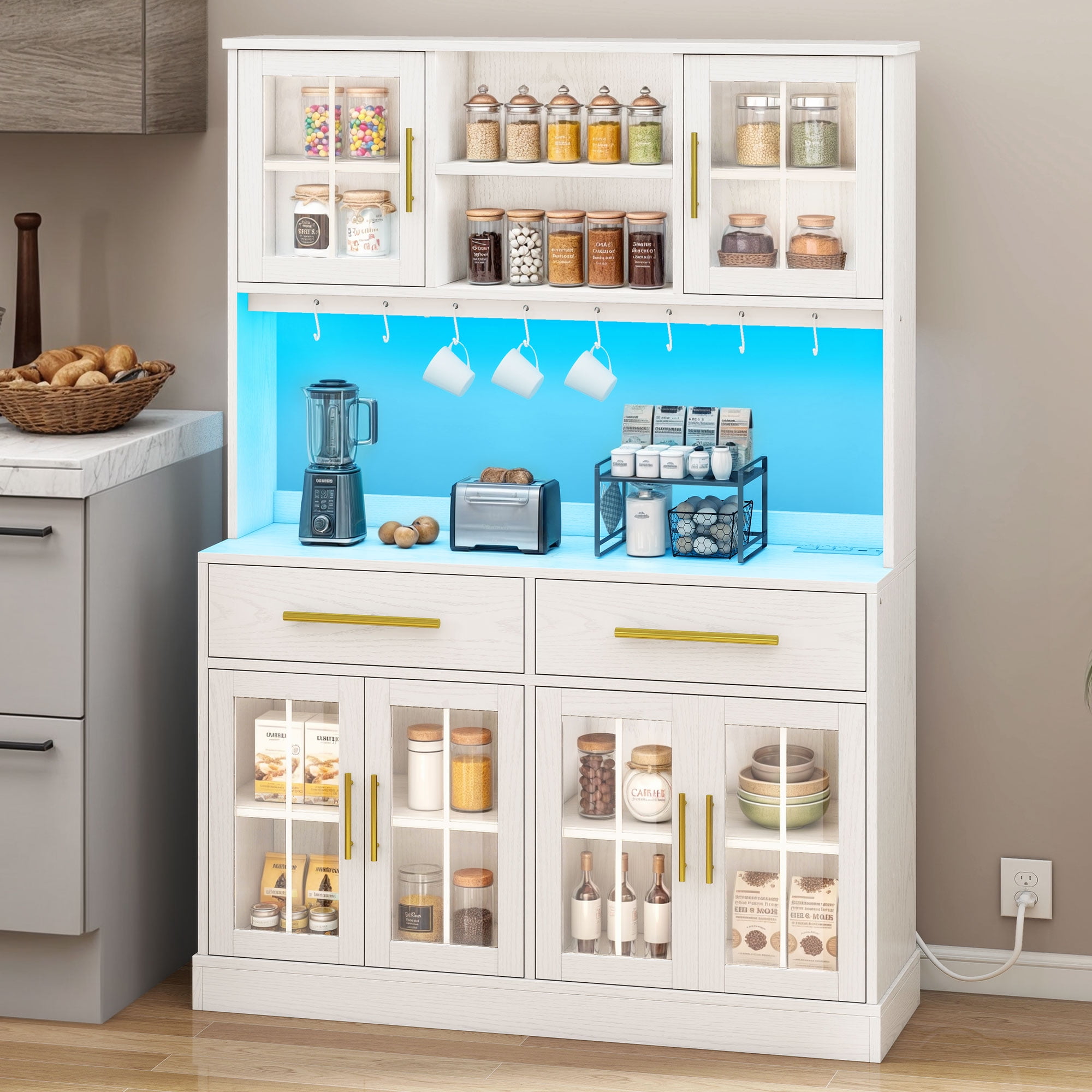 Uforic 71'' Tall Kitchen Pantry Storage Cabinet with 6 Doors, 2 Drawers, Freestanding Kitchen Hutch with Microwave Stand & Power Outlet, White