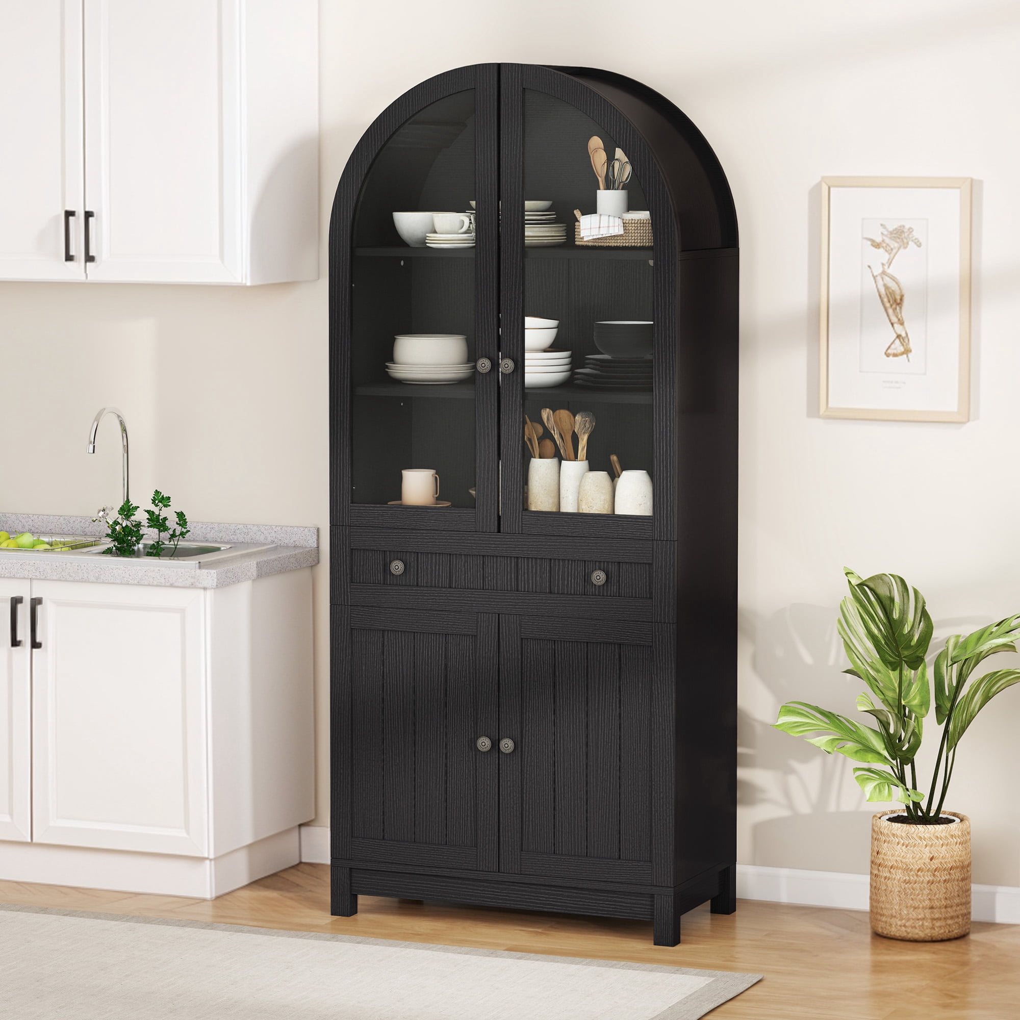 Uforic 71" Tall Kitchen Pantry with Door & Drawer, Arched Kitchen Pantry Storage Cabinet, Black