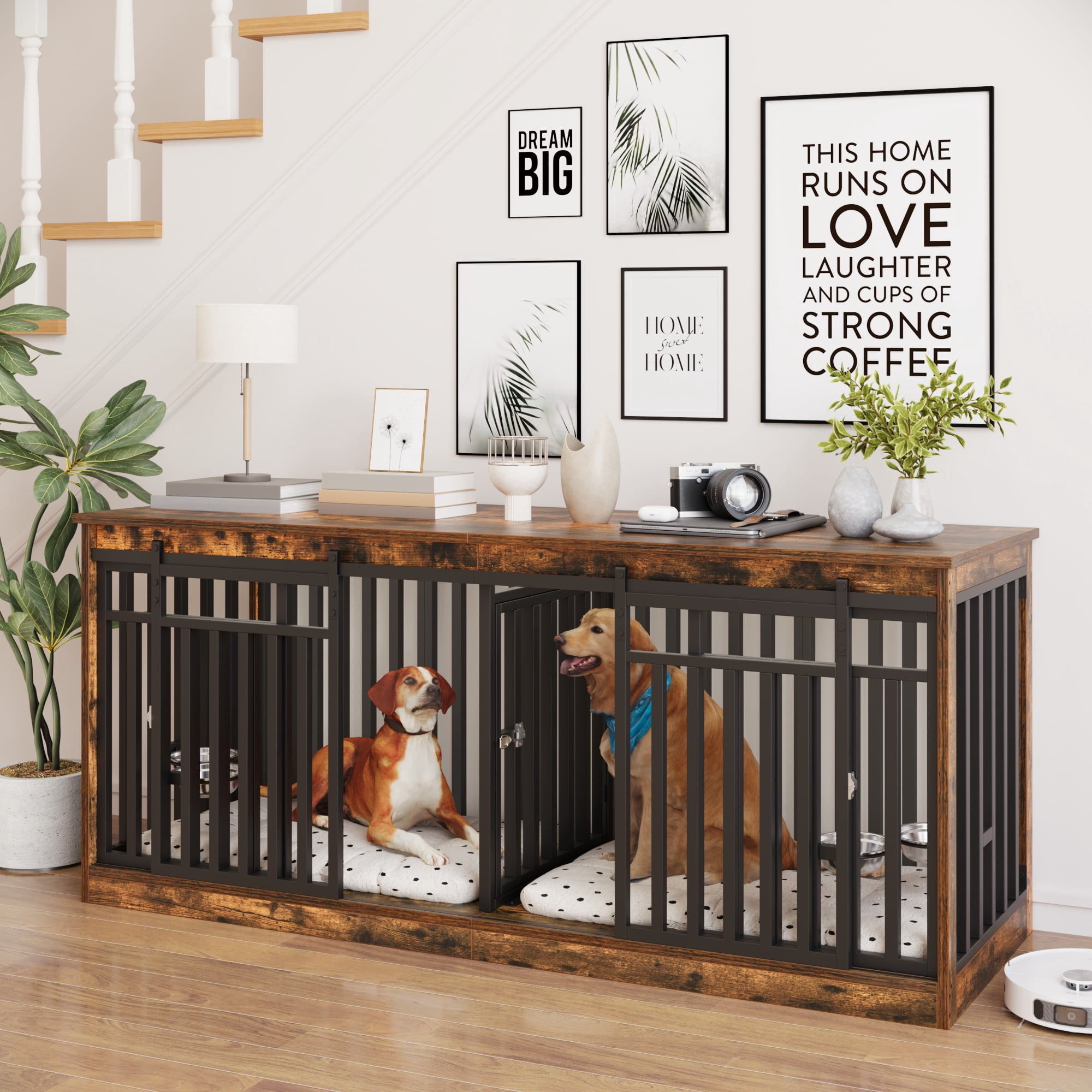 Uforic 71 in Large Double Dog Crate Furniture with 4 Dog Bowl, Wooden Indoor Dog Kennel Cage TV Stand for 2 Dogs Indoor - Rustic Brown