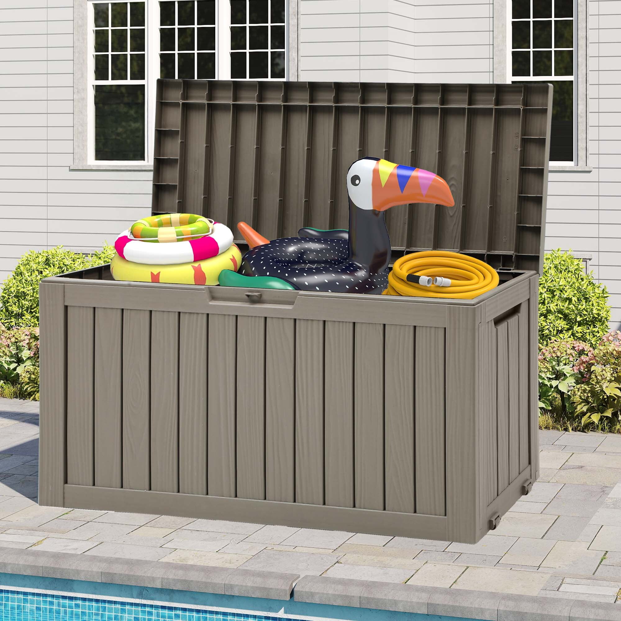 Uforic 72 Gallon Outdoor Resin Storage Box with Wheels, Patio Deck Box for Indoor & Outdoor Use, Ideal for Throw Pillows, Sports Gear & Yard Supplies, Light Brown