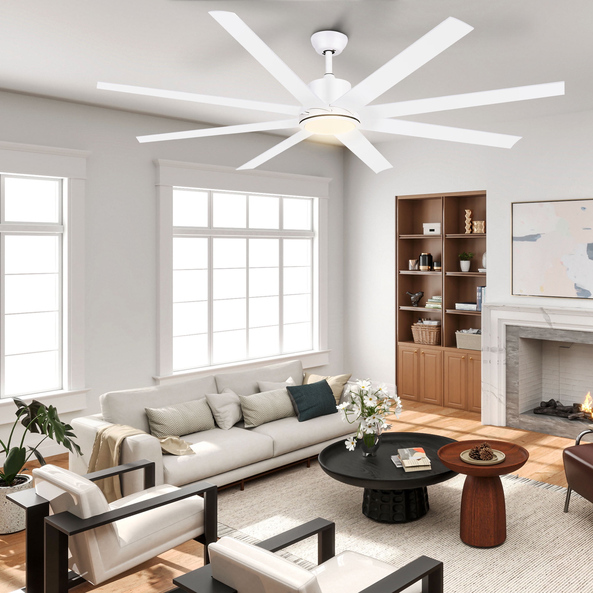 Uforic 72 Inch White Ceiling Fans with Lights and Remote Control,8 Aluminum Blades with 6 Speed, Modern Ceiling Fans for Living Room,Garage