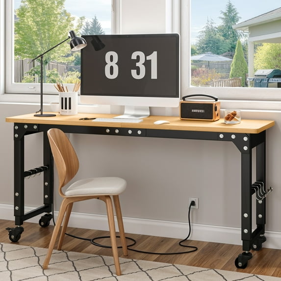 Uforic 72"L x 24"W Heavy-Duty Adjustable Garage Work Bench w/5 Heights, 4 Wheels, Power Hub, 8 Hooks, 1600 LBS Bearing for Home Garage Office