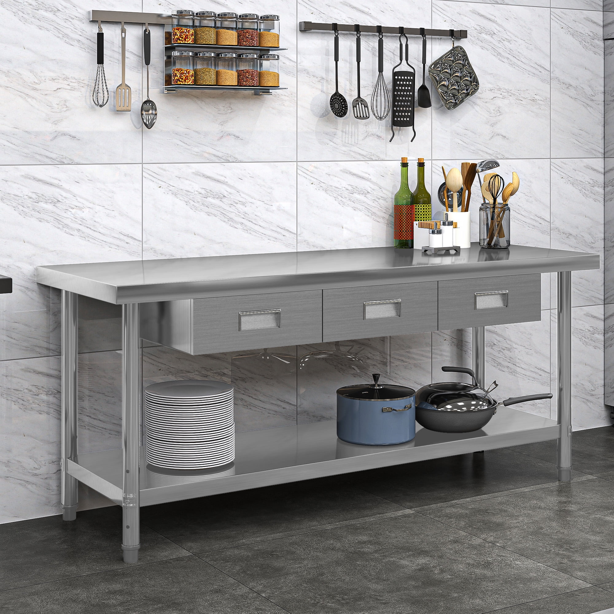 Uforic 72" X 24" Stainless Steel Table with 3 Drawers, Work Table with Drawer