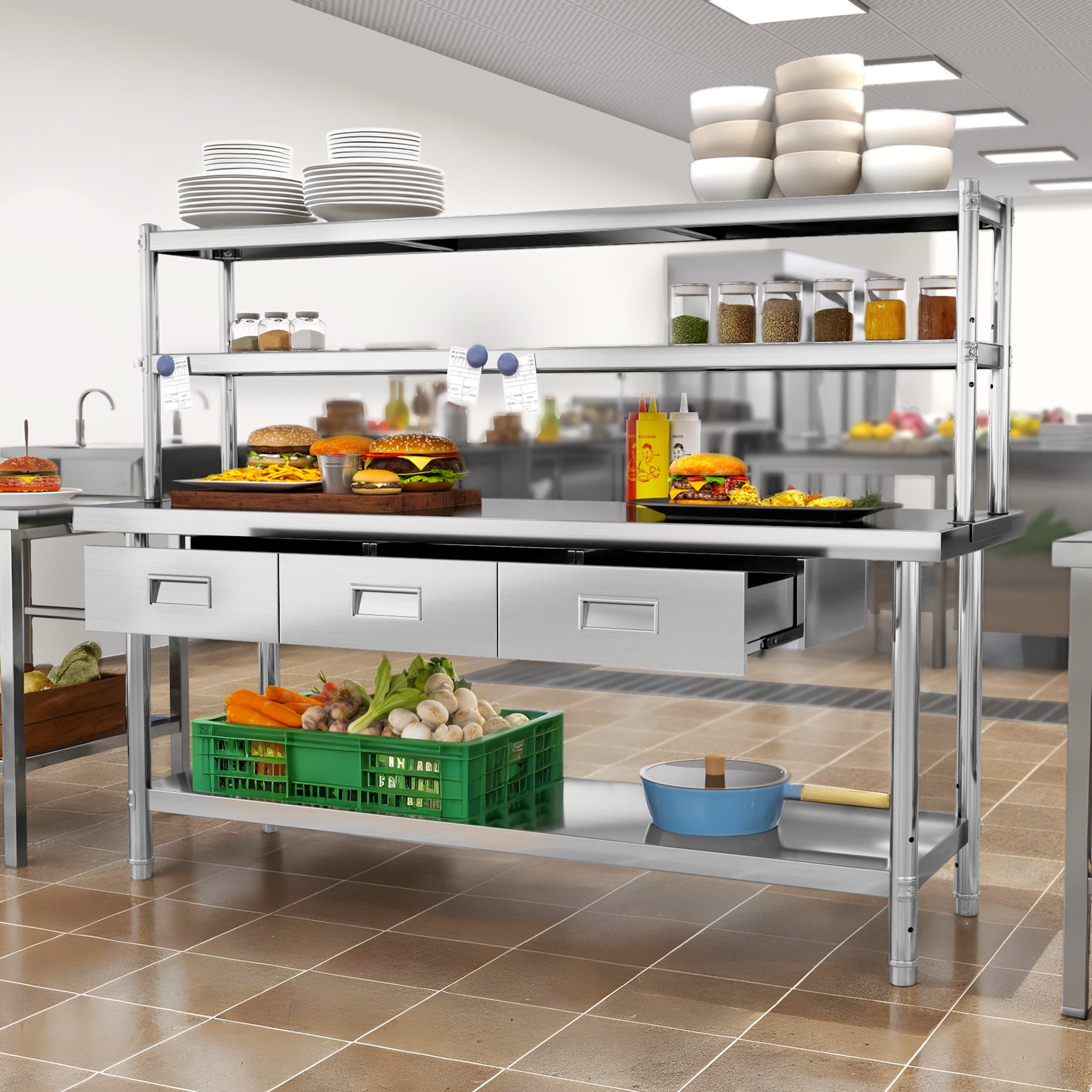 Uforic 72" X 24" Stainless Steel Work Table with Overshelves & Drawers Table for Home Kitchen Restaurant Garage Warehouse Outdoor