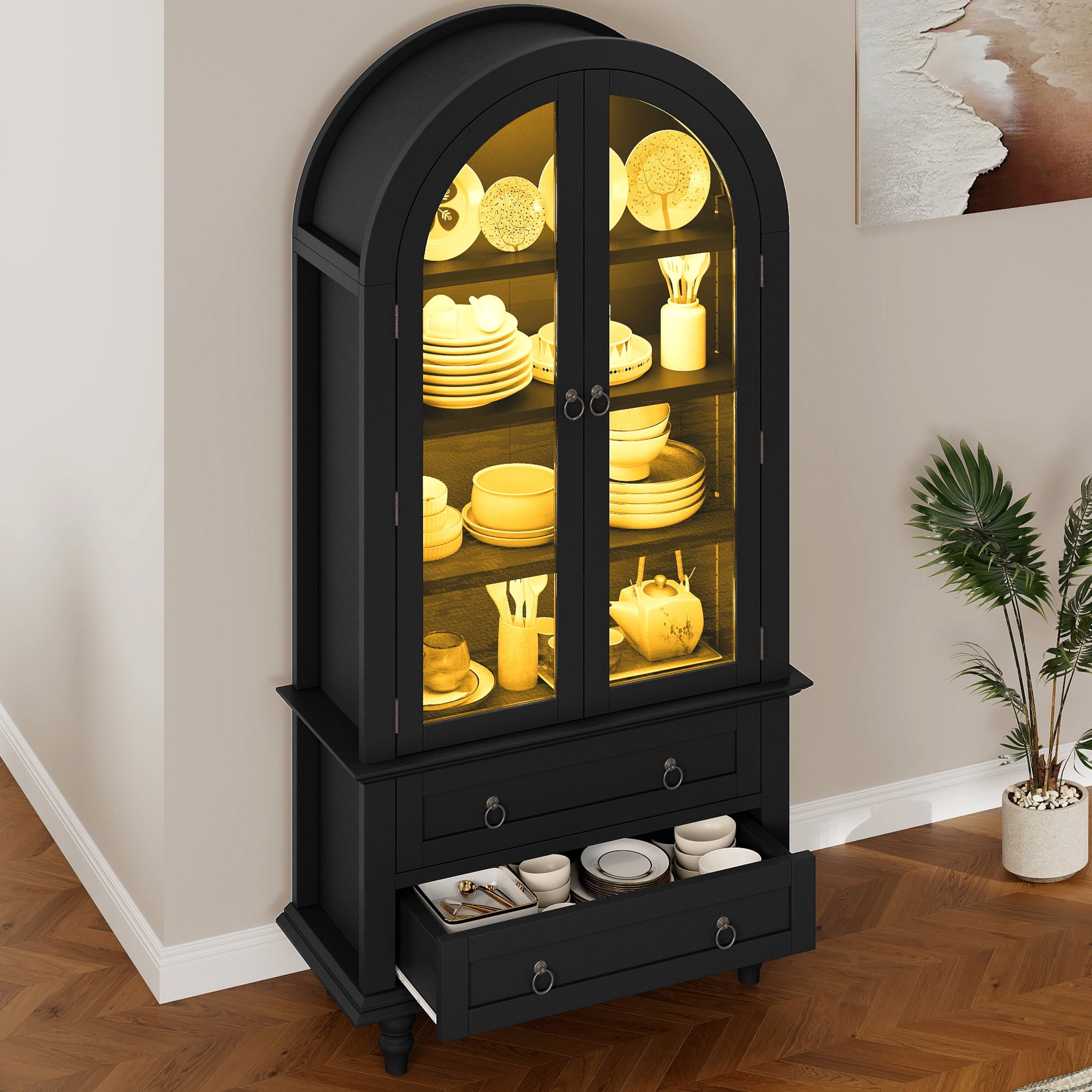 Uforic 73" Arched Pantry Cabinet with LED Light, Drawers, Shelves, Farmhouse Kitchen Storage, Black