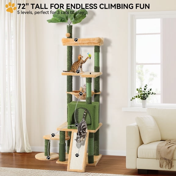 Uforic 73" Large Cactus Cat Tree Tower with Cat Scratching Posts Cozy Condo Perch for Indoor Cats, Green&Yellow