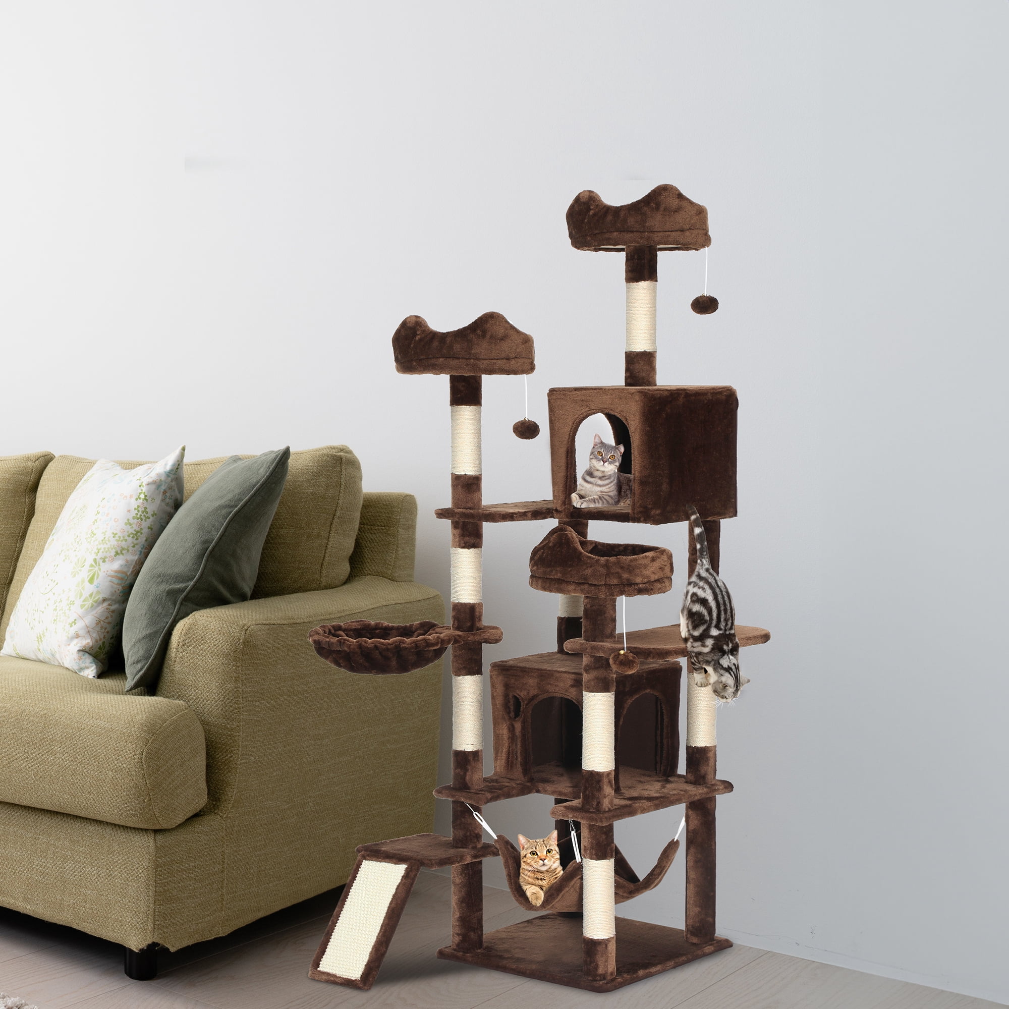 Uforic 75 Inch Multi-Level Cat Tree Tower with 2 Cat Condos, Hammocks, Sisal Scratching Posts & Fluffy Teaser Balls, Brown
