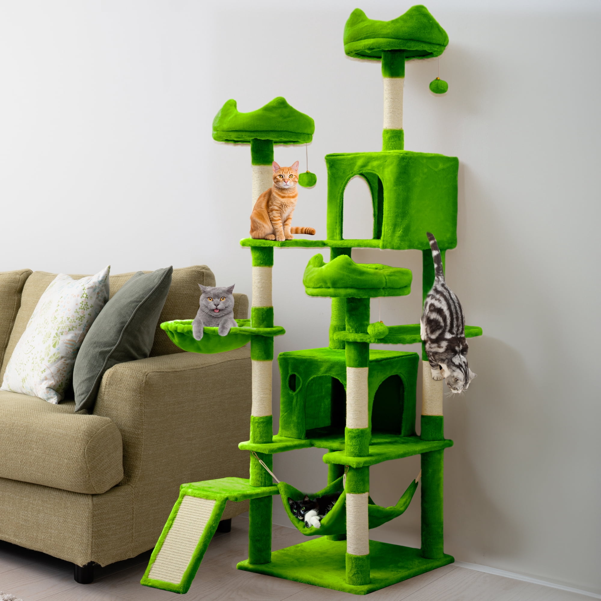 Uforic 75 Inch Multi-Level Cat Tree Tower with 2 Cat Condos, Hammocks, Sisal Scratching Posts & Fluffy Teaser Balls, Green