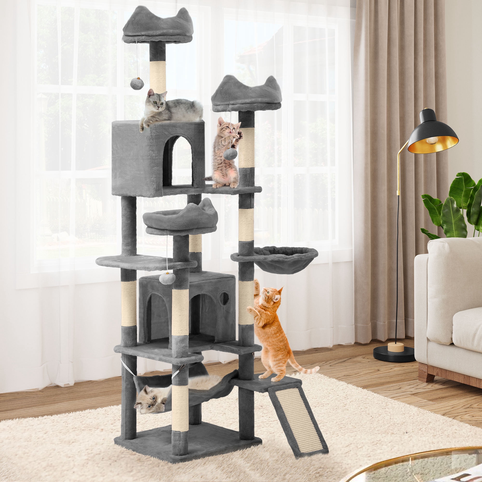 Uforic 75 Inch Multi-Level Cat Tree Tower with 2 Cat Condos, Hammocks, Sisal Scratching Posts & Fluffy Teaser Balls, Light Grey