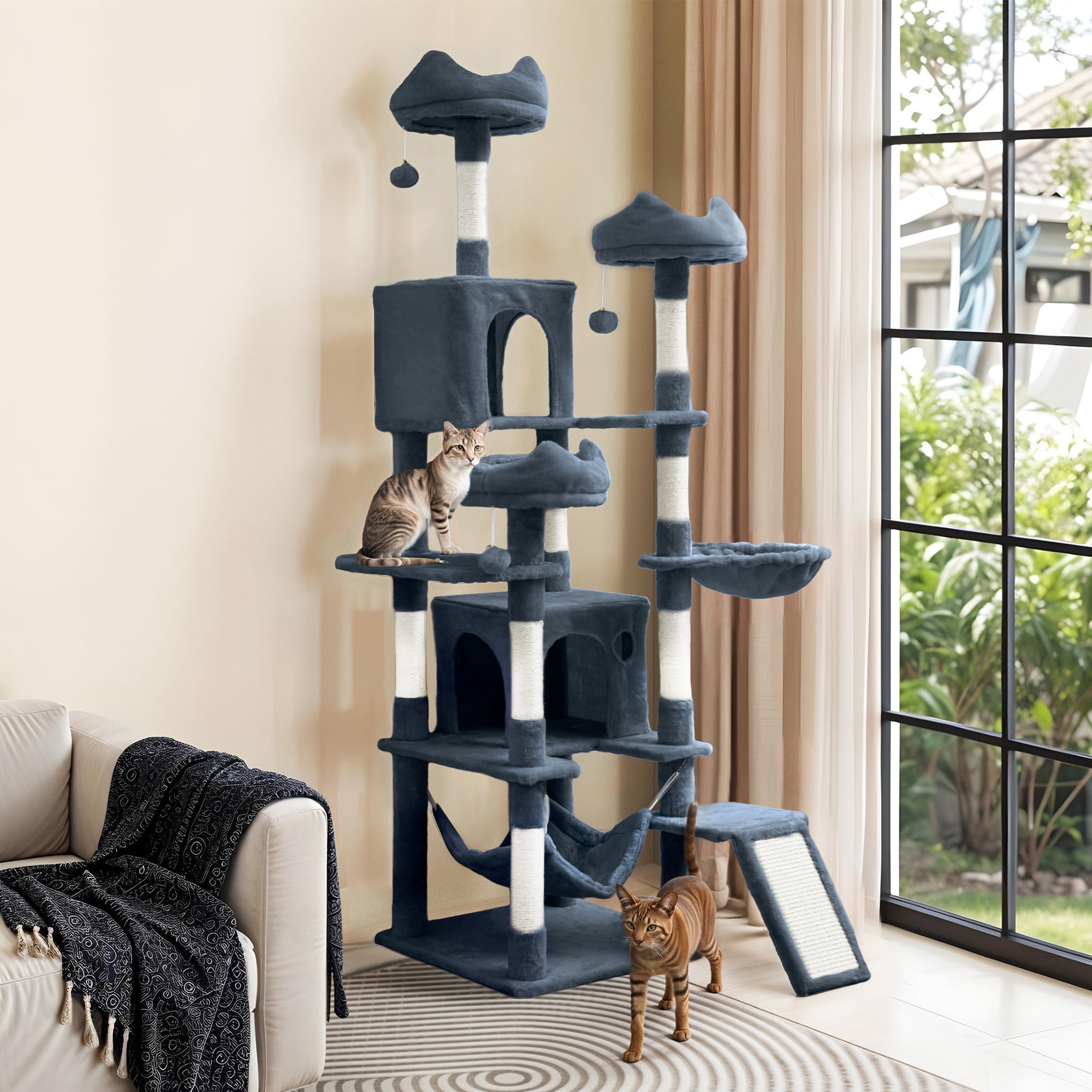 Uforic 75"Large Cat Tree Tower  Multi Level Play Tower Condo  with  Sisal Ramp, Scratching Posts & Cozy Basket Hammocks, Dark Gray
