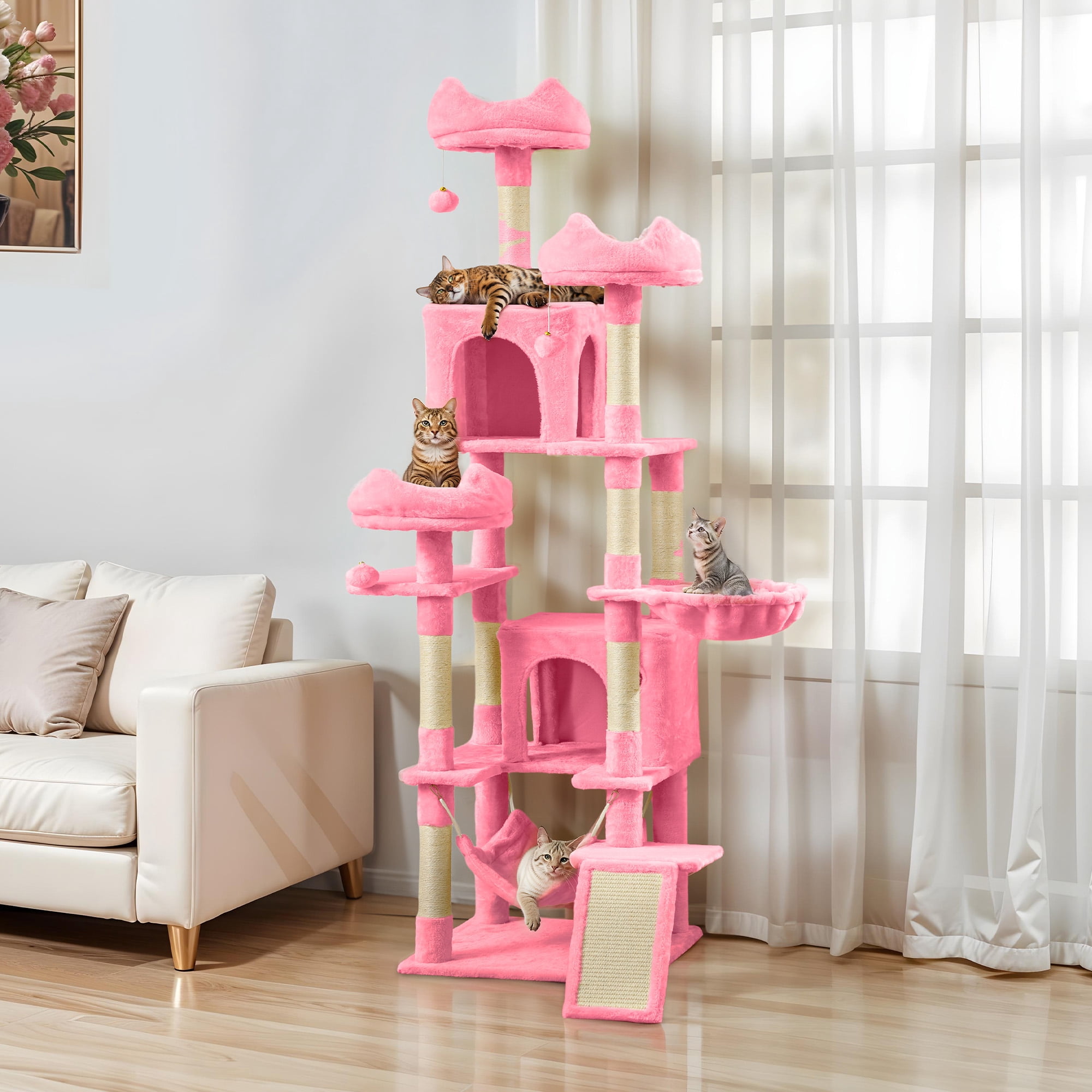Uforic 75"Large Cat Tree Tower  Multi Level Play Tower Condo with Sisal Ramp, Scratching Posts & Cozy Basket Hammocks, Pink