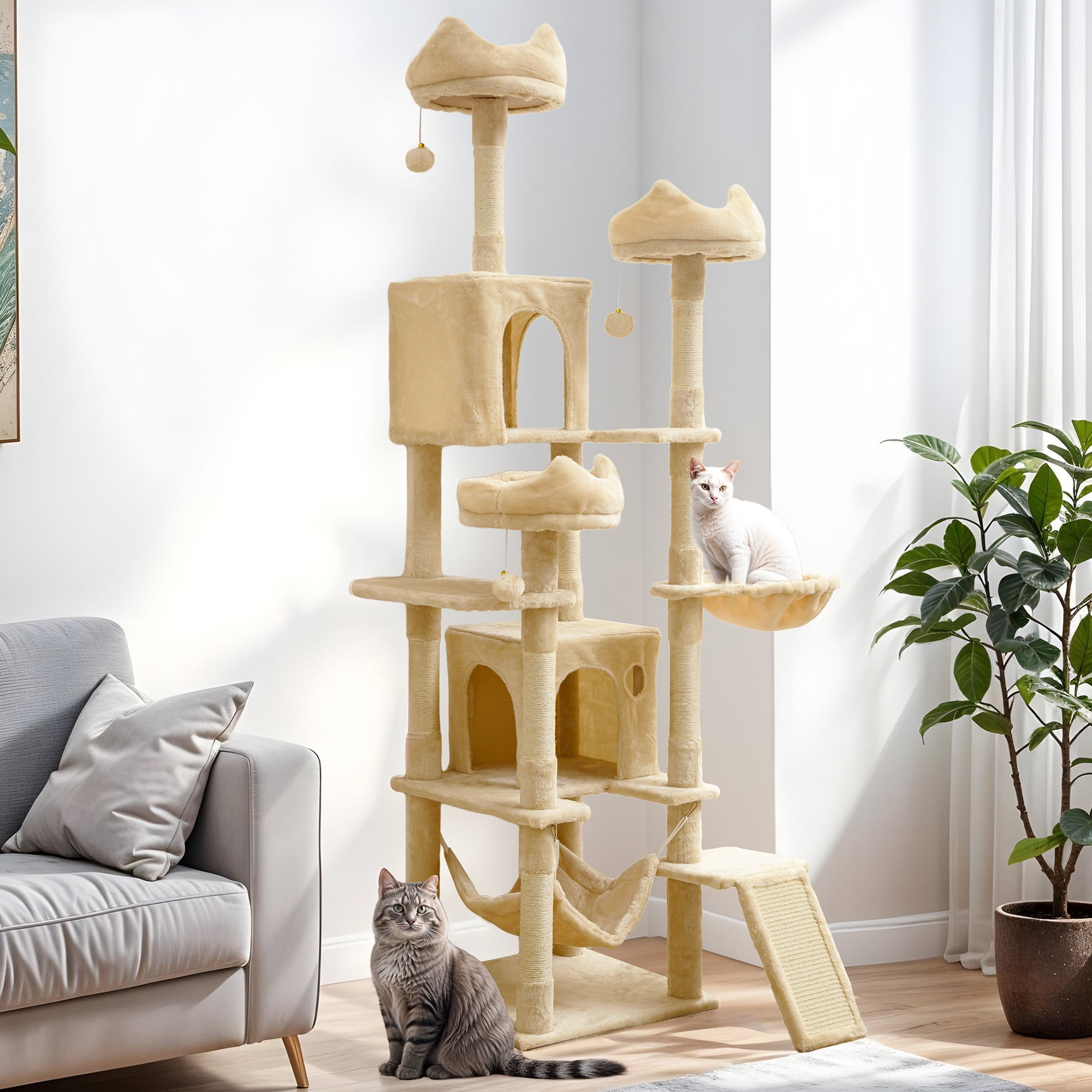 Uforic 75" Tall Cat Tree, Multi-Level Cat Tower with Condos, Hammocks, Scratching Posts, Beige