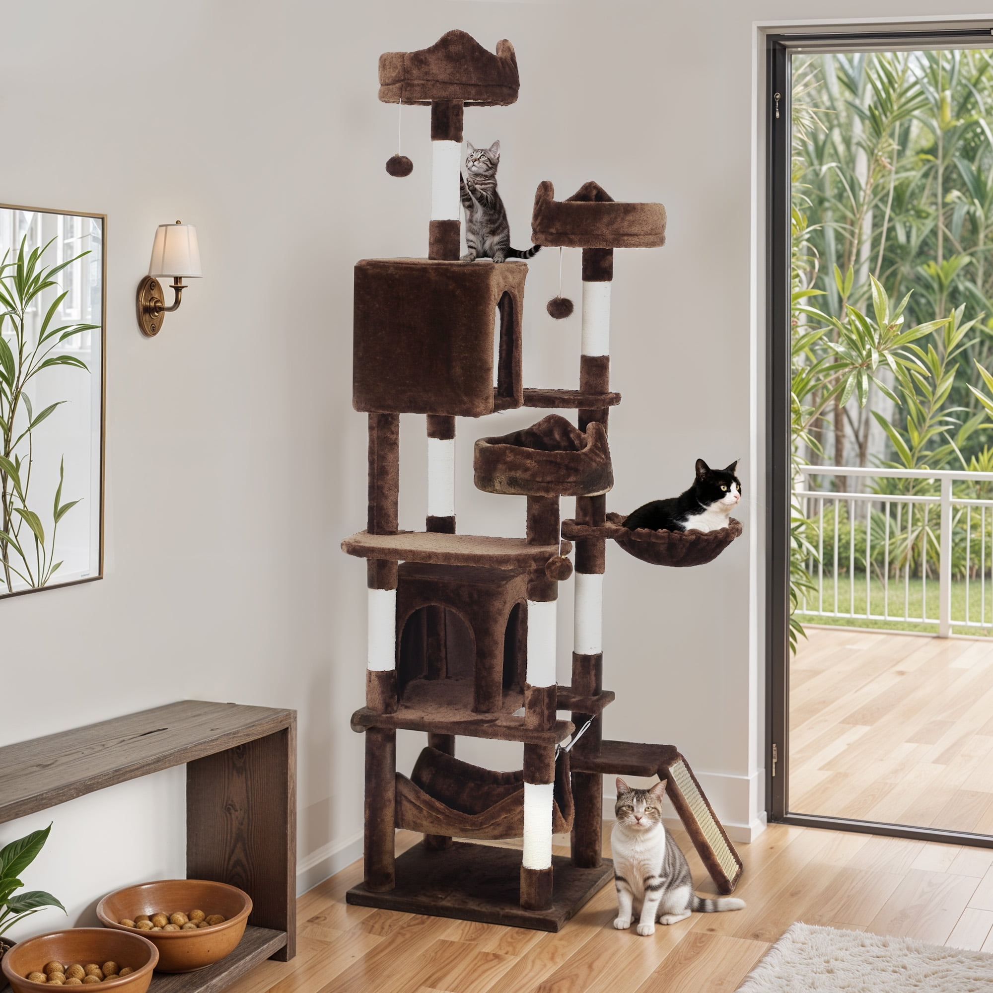 Uforic 75" Cat Tree Multi-Level Tower with Condos, Hammocks & Scratching Posts, Brown
