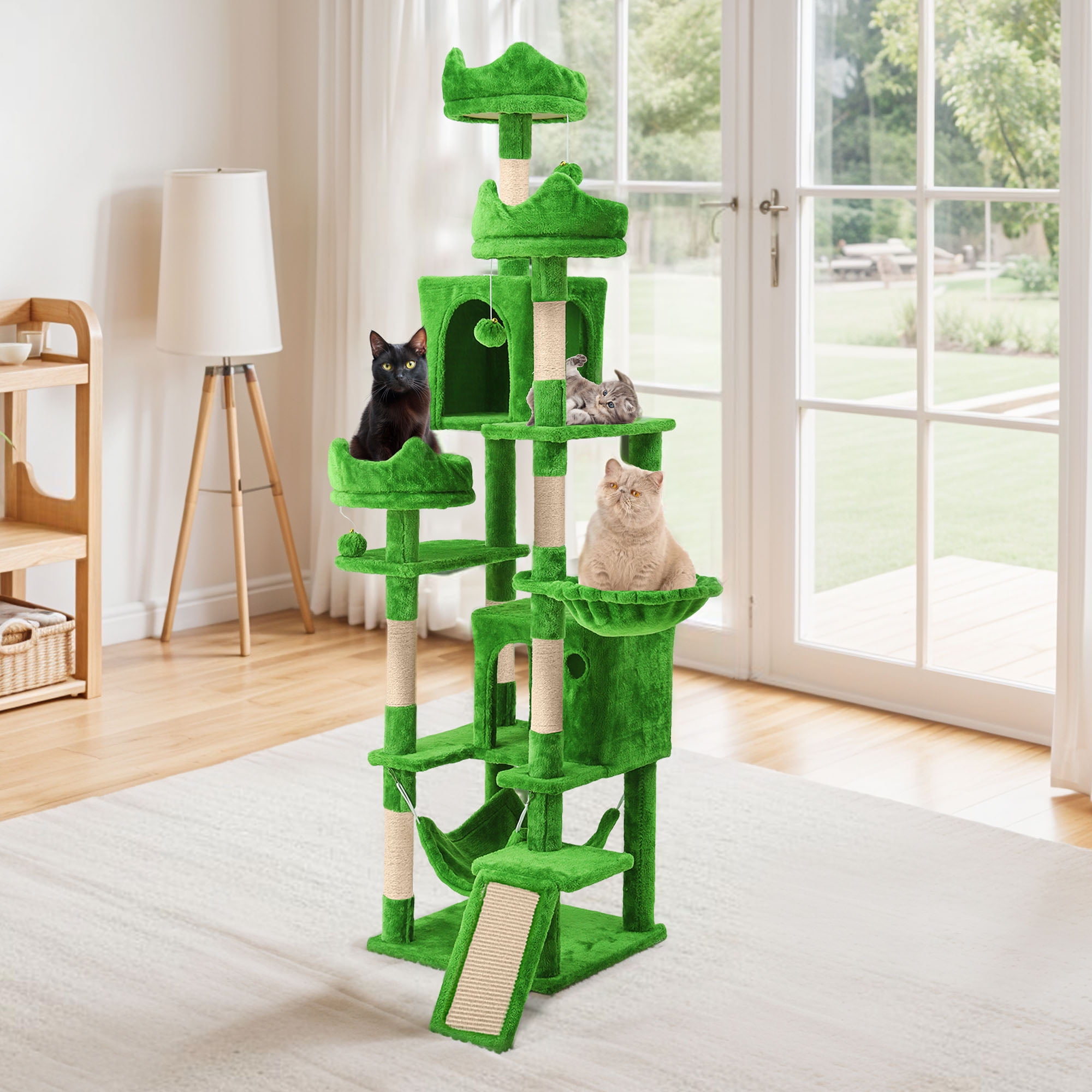 Uforic 75" Multi-Level Green Cat Tree Tower with Hammocks and Scratching Posts
