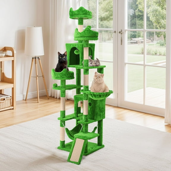 Uforic 75" Multi-Level Green Cat Tree Tower with Hammocks and Scratching Posts