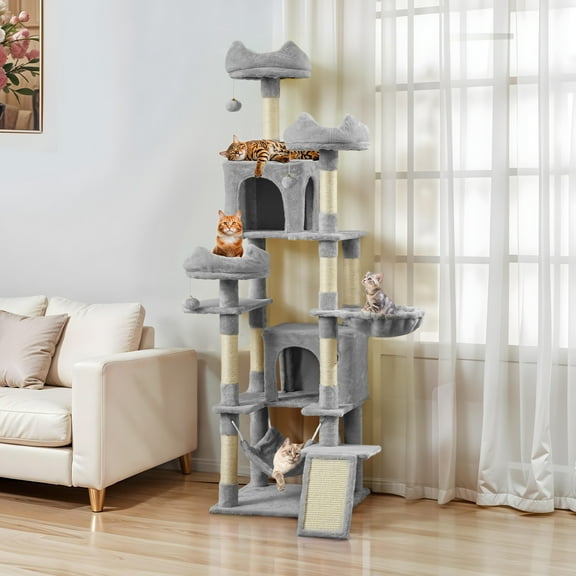 Uforic 75" Multi-Level Cat Tree Tower with Condos, Hammocks, Scratch Posts, Light Gray