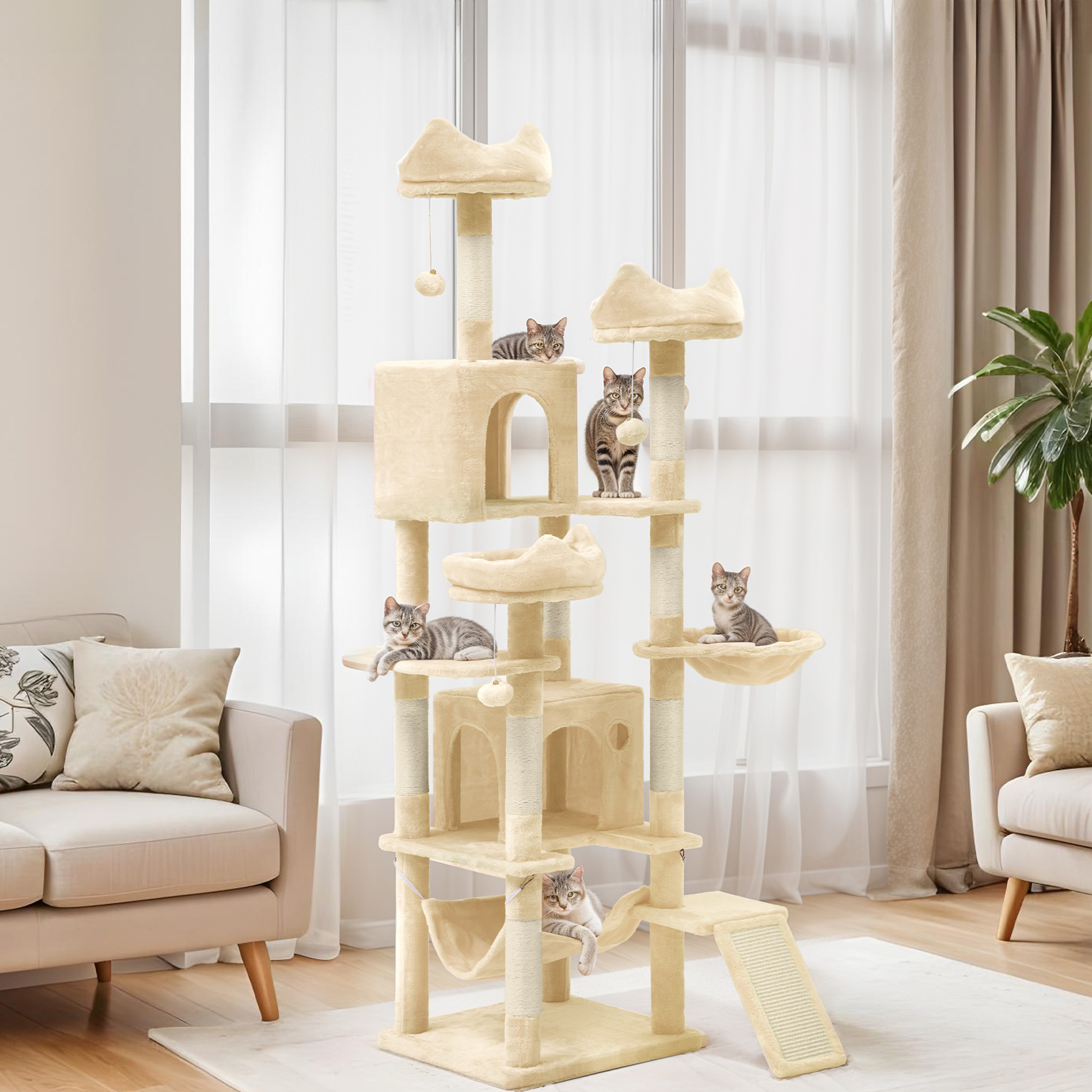 Uforic 75in Large Cat Tree, Multi-Level Cat Tower Condos with Scratch Posts, Cozy Basket Hammocks, Top Perches, Sisal Ramp, Pet Play House, Beige
