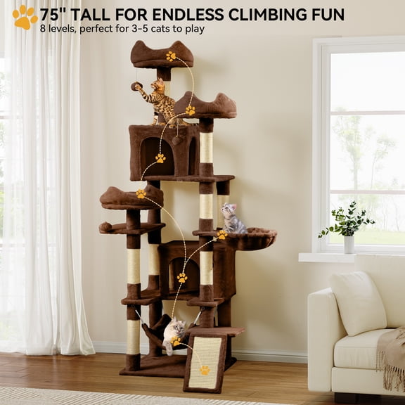Uforic 75in Large Cat Tree Tower, Multi-Level Cat Condo with Scratch Posts, Cozy Basket Hammocks, Top Perches, Sisal Ramp, Black