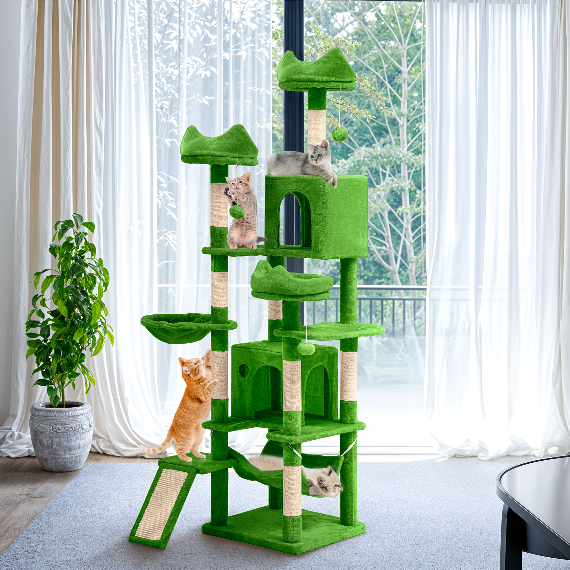 Uforic 75in Large Cat Tree Tower, Multi-Level Cat Condo with Scratch Posts, Cozy Basket Hammocks, Top Perches, Sisal Ramp, Green
