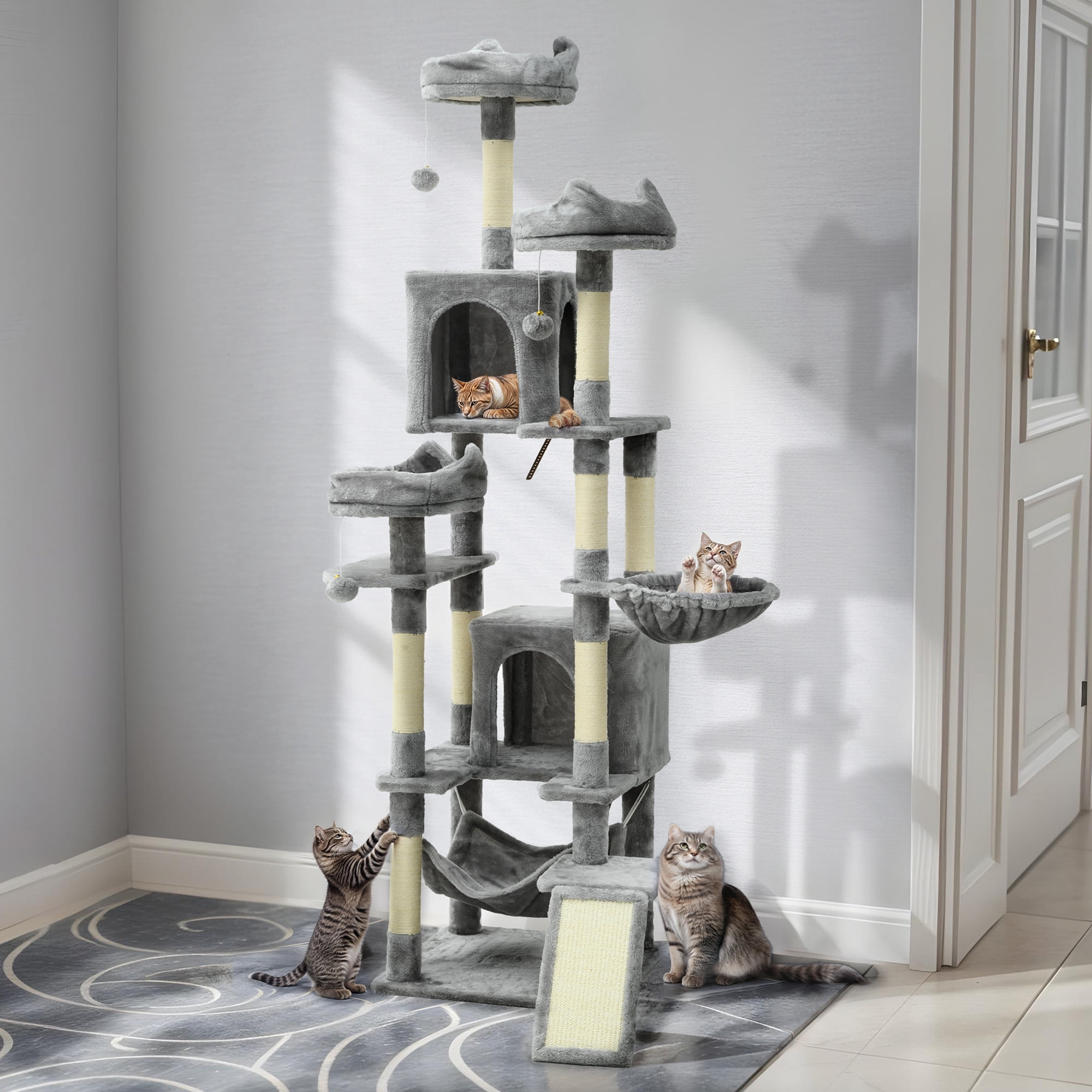 Uforic 75in Large Cat Tree Tower, Multi-Level Cat Condos, with Scratch Posts, Cozy Basket Hammocks, Top Perches, Sisal Ramp, Light Gray