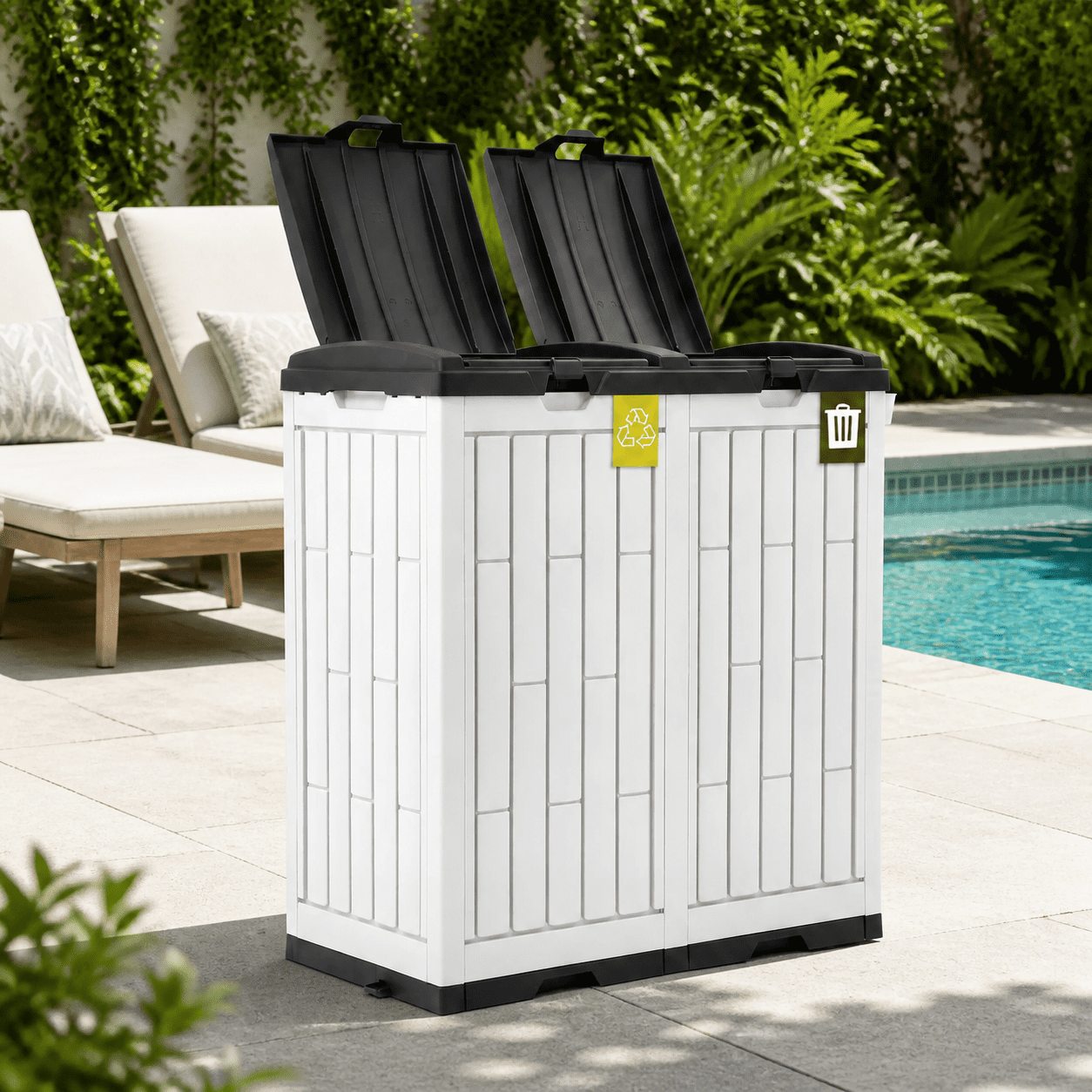 Uforic 76 Gallon Outdoor Trash Can, Resin Garbage Bin with Sorting Labels, Ash Holder, Lid, Stakes & Suction Cups for Patio Backyard Garden, White