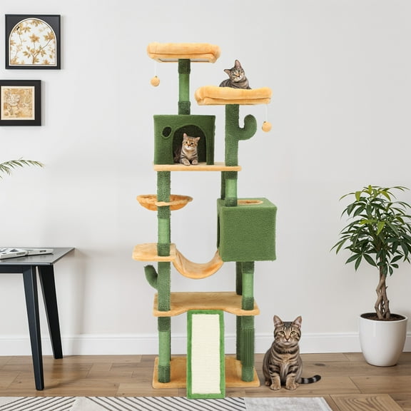 Uforic 76" Large Cactus Cat Tree Tower, Multi-Level Cat Condo with sisal Scratching Post & Plush Platform, Hammock, Green