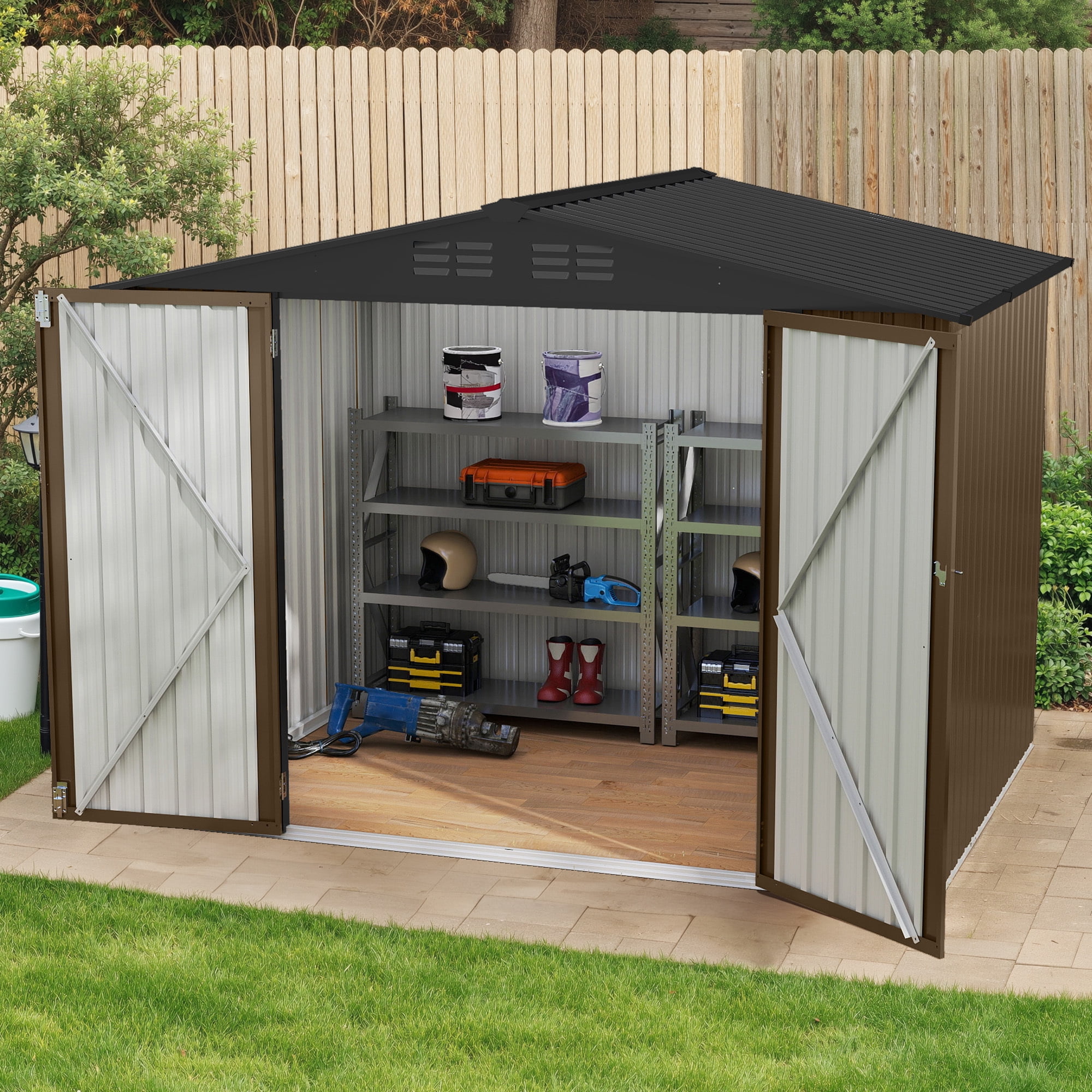 Uforic 7x5ft Metal Outdoor Storage Shed, Waterproof Heavy Duty Storage Unit with Lockable Door & Ventilation, Outdoor Tool Shed for Bike, Lawn Mower, Garden Tools, Backyard Patio Lawn Use, Brown
