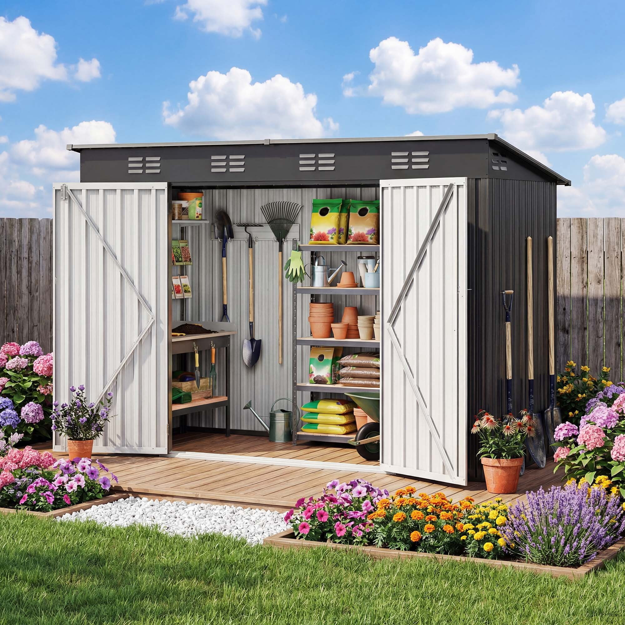Uforic 8.5' x 3.5' Oversized Steel Outdoor Storage Shed, Heavy-Duty Tool Shed with Lockable Doors and Sloped Roof, Multipurpose Storage for Garden Patio Garage Backyard Lawn, Dark Gray