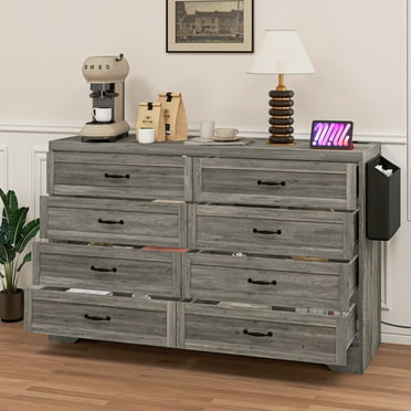 Uforic 8-Drawer Horizontal Dresser with Power Outlets, Wood Chest of Drawers, Gray
