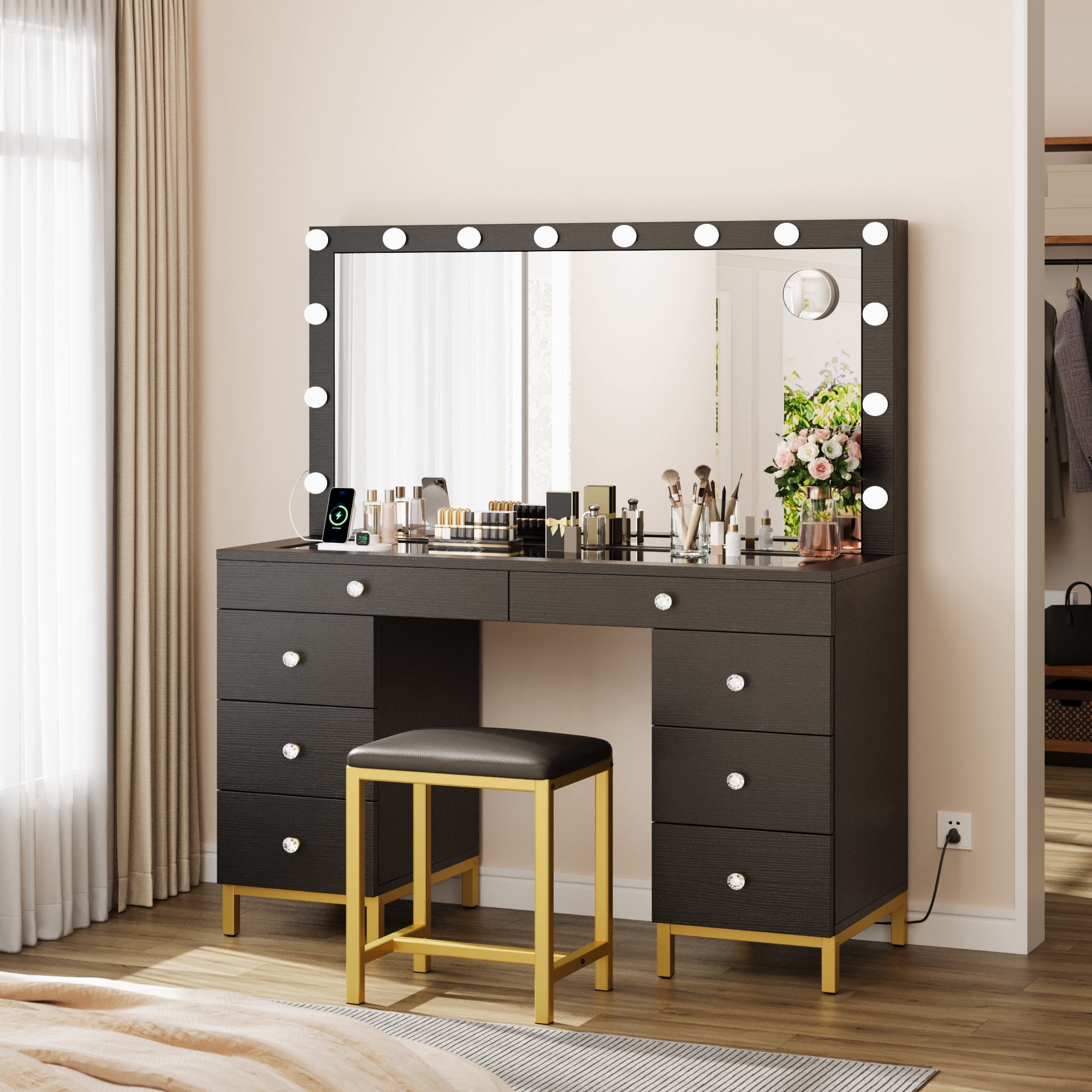 Uforic Black 8-Drawer Makeup Vanity Desk with Dimmable Hollywood LED Mirror USB-C & 2 AC Outlets