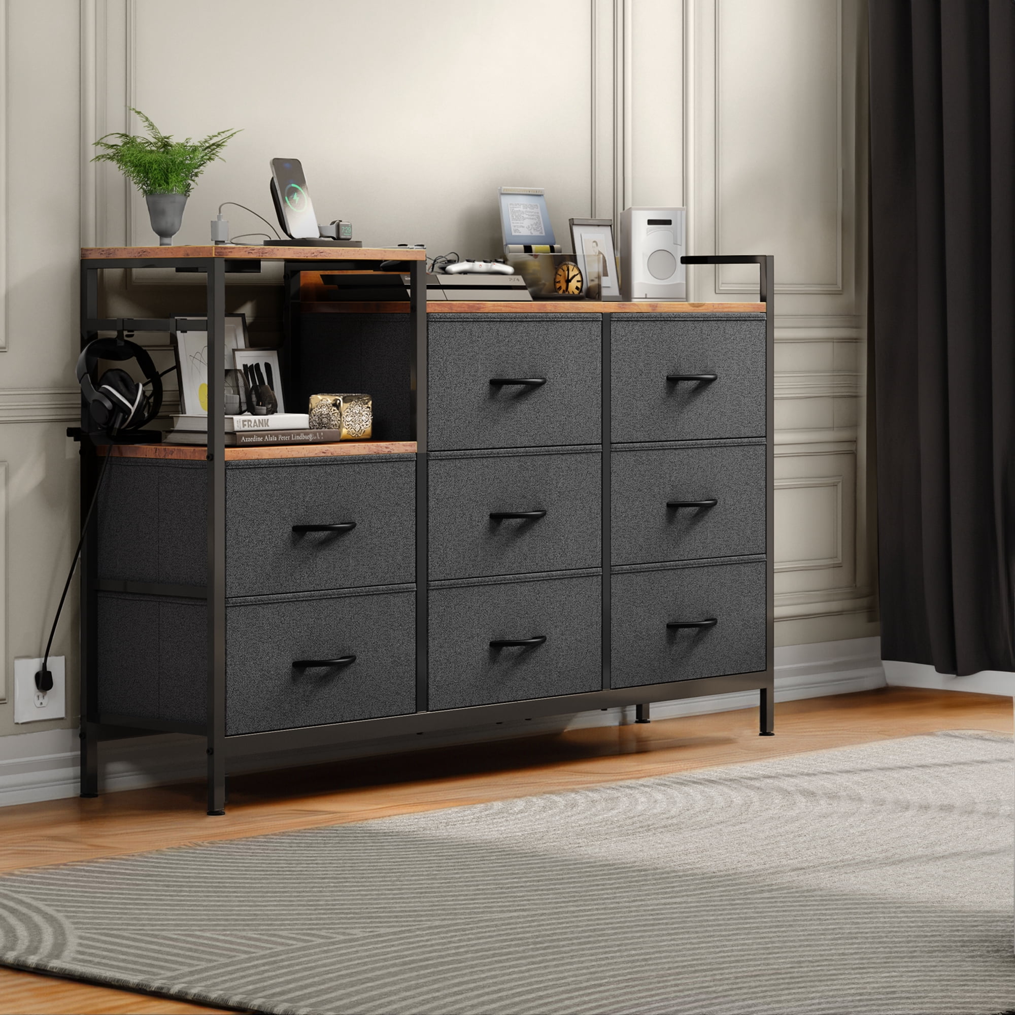 Uforic 8 Drawers Wide Wooden Top Dresser with Charge Station for Closet, Living Room, Hallway, Gray