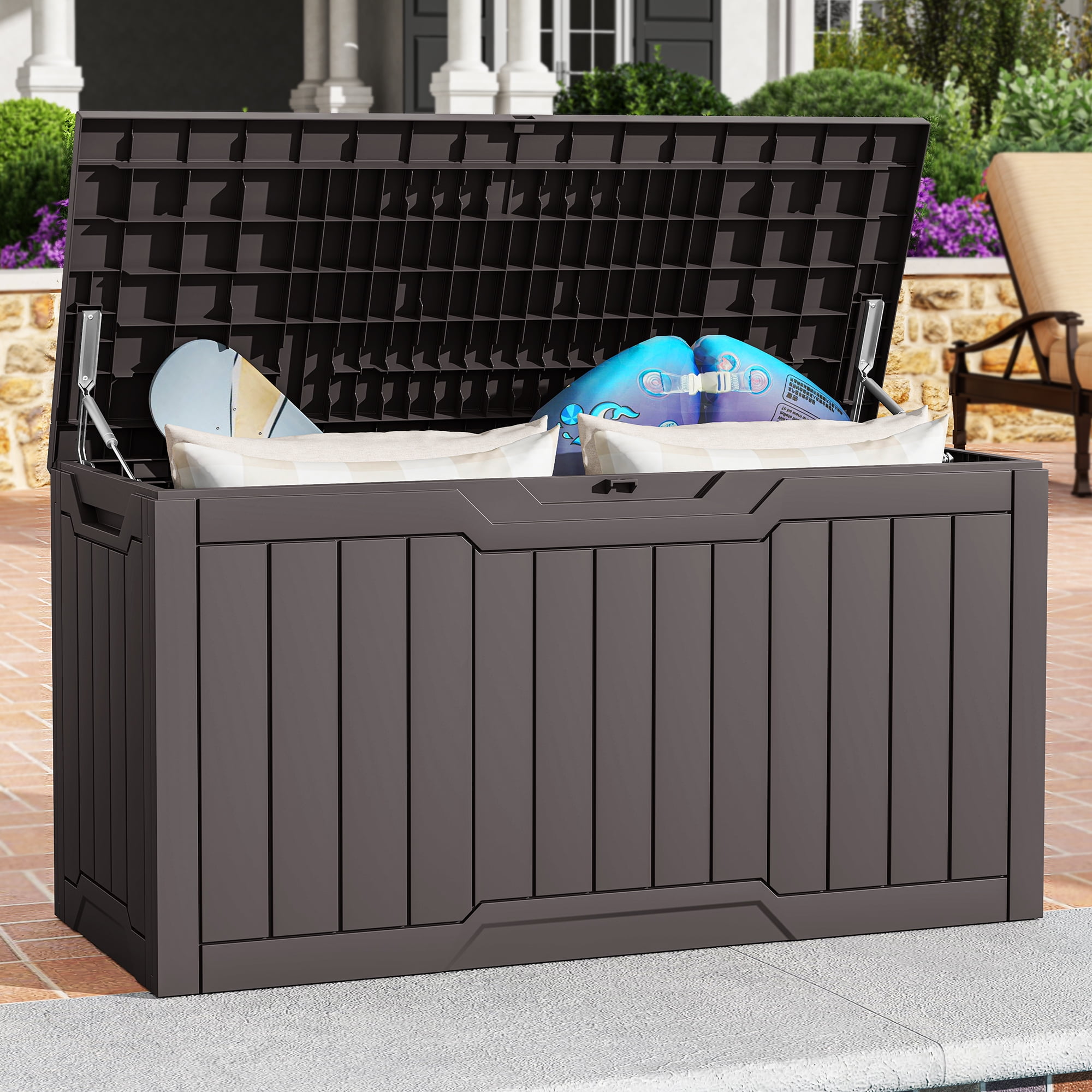Uforic 80 Gallon Outdoor Waterproof Resin Deck Storage Box, Lockable, Durable Dark Brown for Patio, Garden & Yard