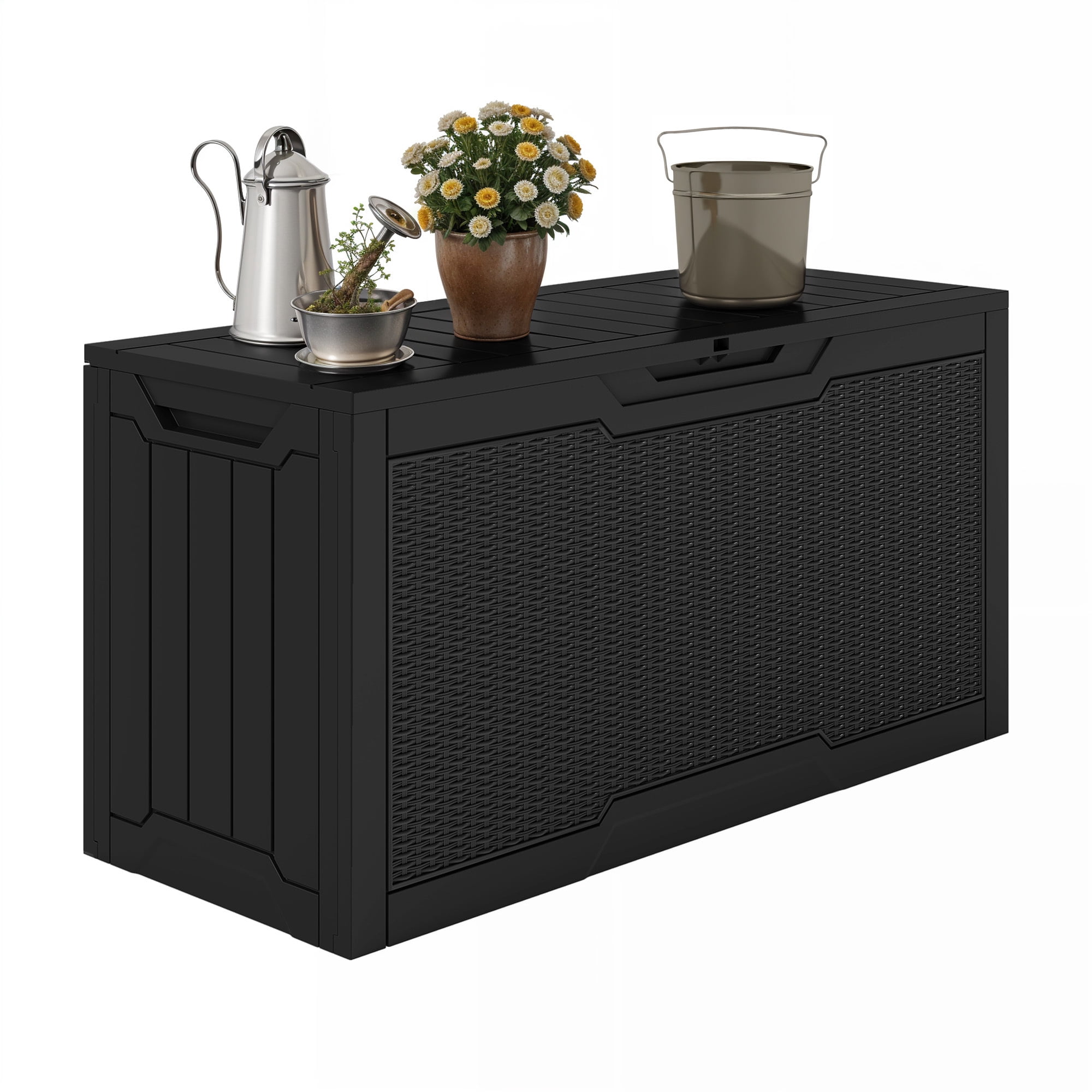 Uforic 80 Gallon Rattan Resin Deck Box, Weather Resistant Lockable Outdoor Storage Bin for Patio, Garden & Backyard Essentials, Black