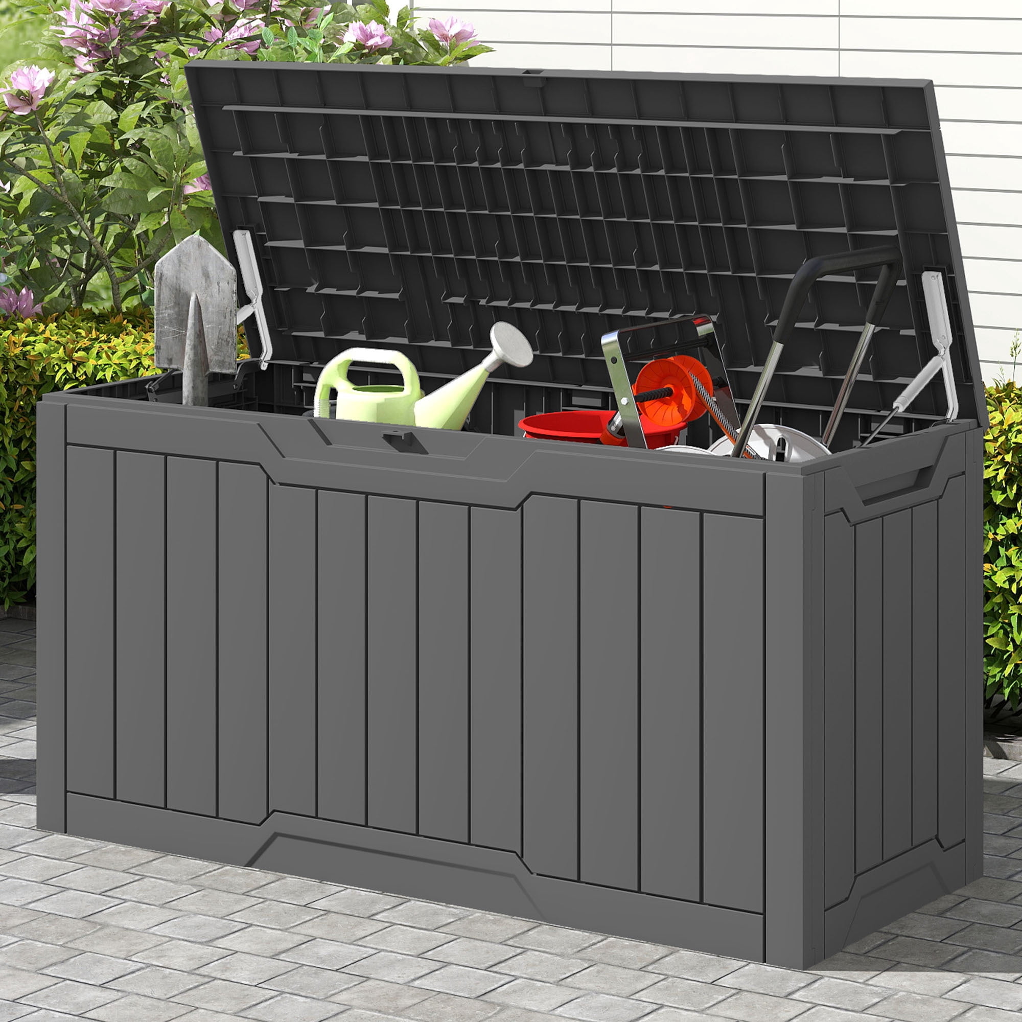 Uforic 80 Gallon Resin Deck Box, Outdoor Storage Box, Lockable Weather Resistant Container for Patio Garden Home Essentials, Dark Gray