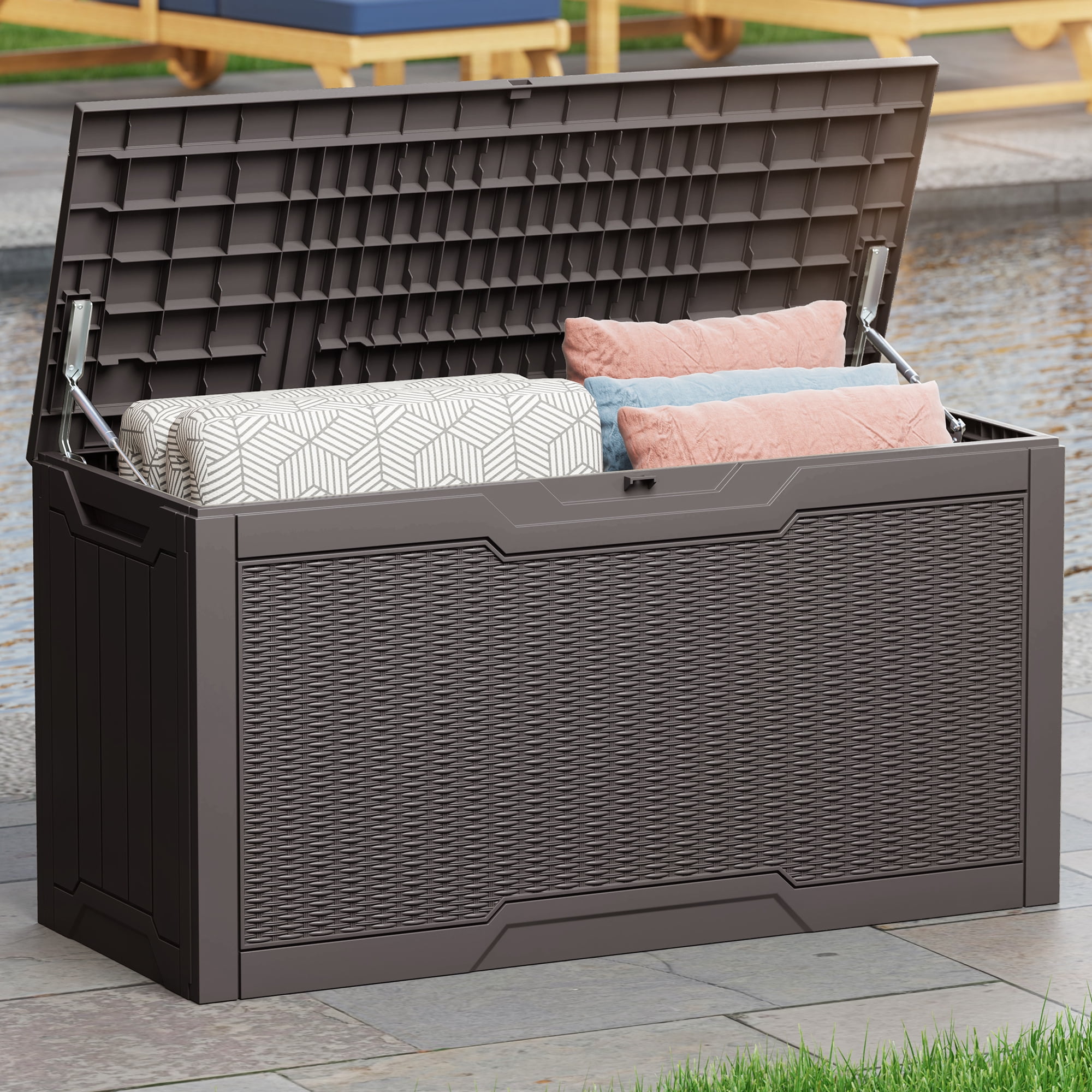 Uforic 80 Gallon Resin Deck Box, Weather Resistant Rattan Outdoor Storage Box, Lockable for Patio Garden Pool Supplies, Dark Brown