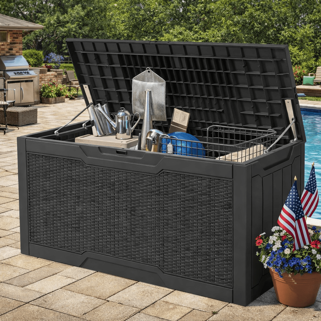 Uforic 80 Gallon Resin Deck Box, Weather Resistant Rattan Outdoor Storage Box, Lockable for Patio Garden Pool Supplies, Dark Gray