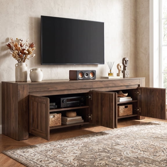 Uforic 80 Inch Farmhouse TV Stand with Storage Doors, Shelves and Cable Holes, Fits Up to 90 Inch TV for Living Room, Dark Walnut