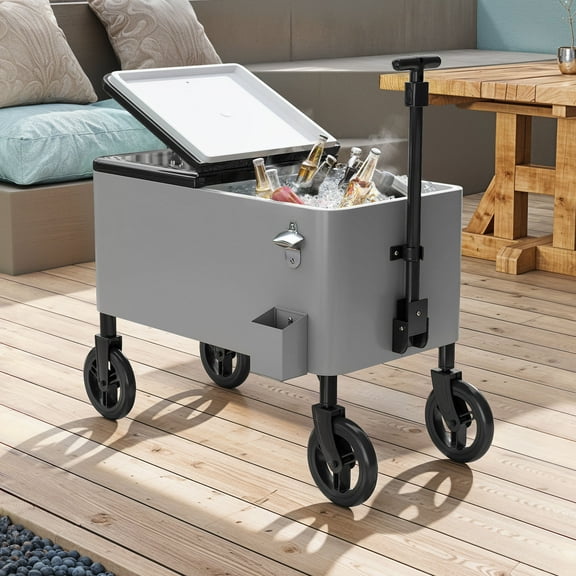 Uforic 80 Quart Rolling Cooler Cart with 360° Swivel Wheels, Outdoor Portable Beverage Ice Chest  Cart, with Bottle Opener, Silver