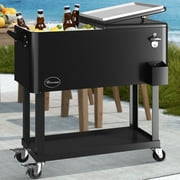 Uforic 80 Quart Rolling Ice Chest Cooler Cart,Outdoor Portable Beverage Cart, with Bottle Opener, Storage Shelf & Drain, Black
