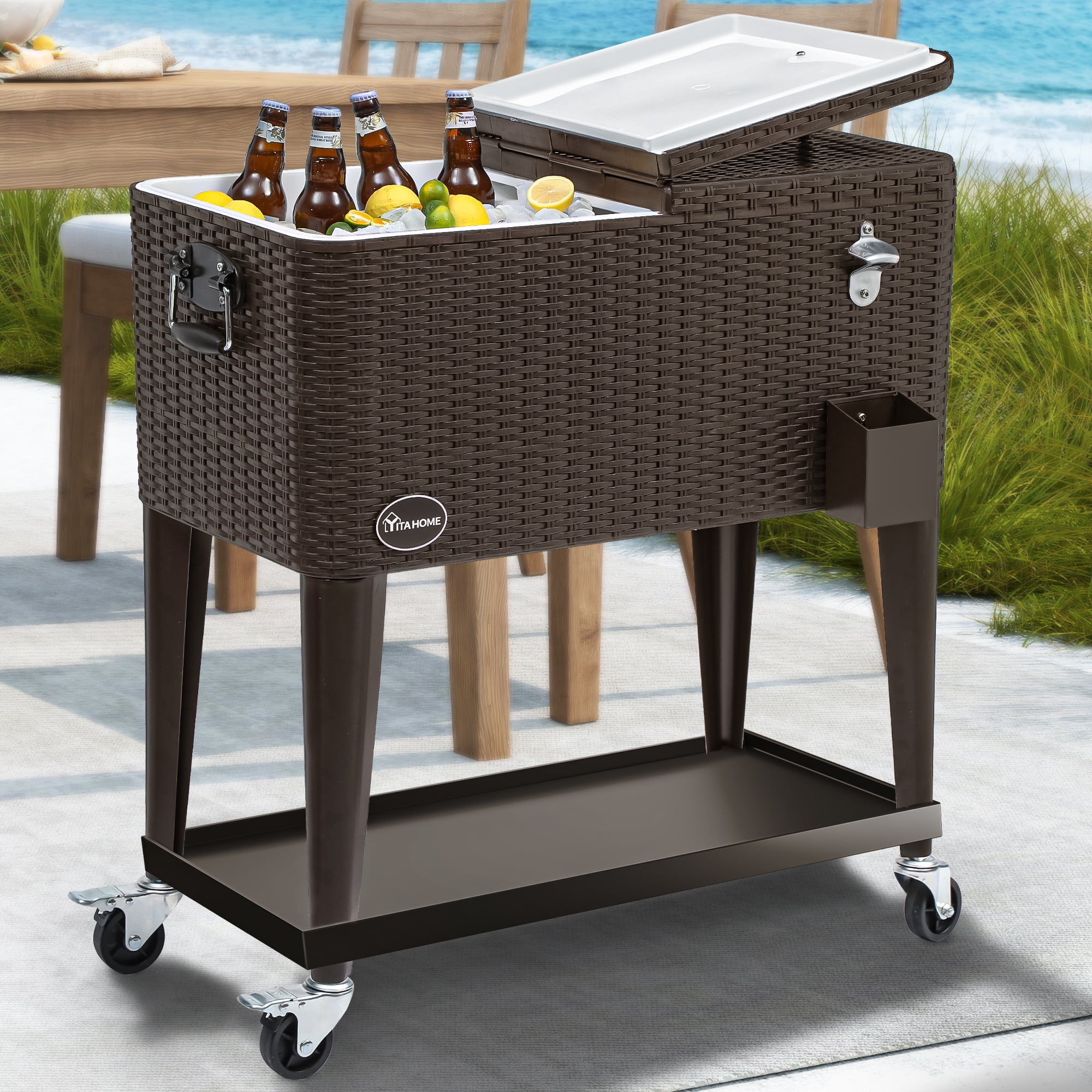 Uforic 80 Quart Rolling Ice Chest Cooler Cart,Outdoor Portable Beverage Cart, with Bottle Opener, Storage Shelf & Drain, Brown