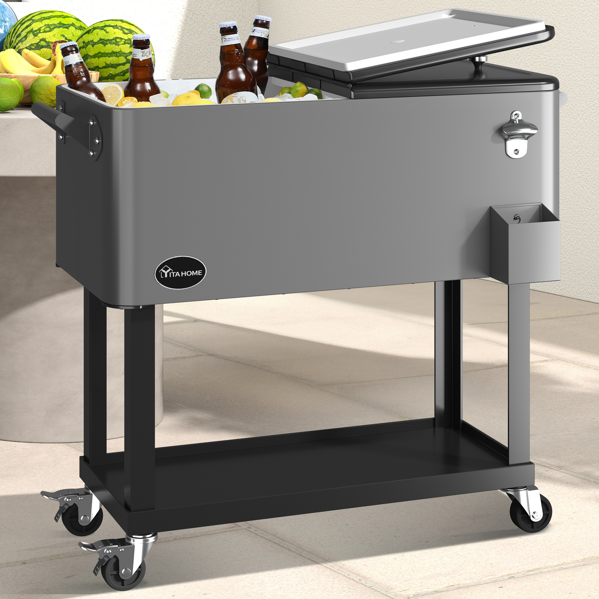 Carrito enfriador rodante de 80 cuartos Uforic, carrito portátil para bebidas para exteriores, con destapador, estante de almacenamiento y drenaje, gris