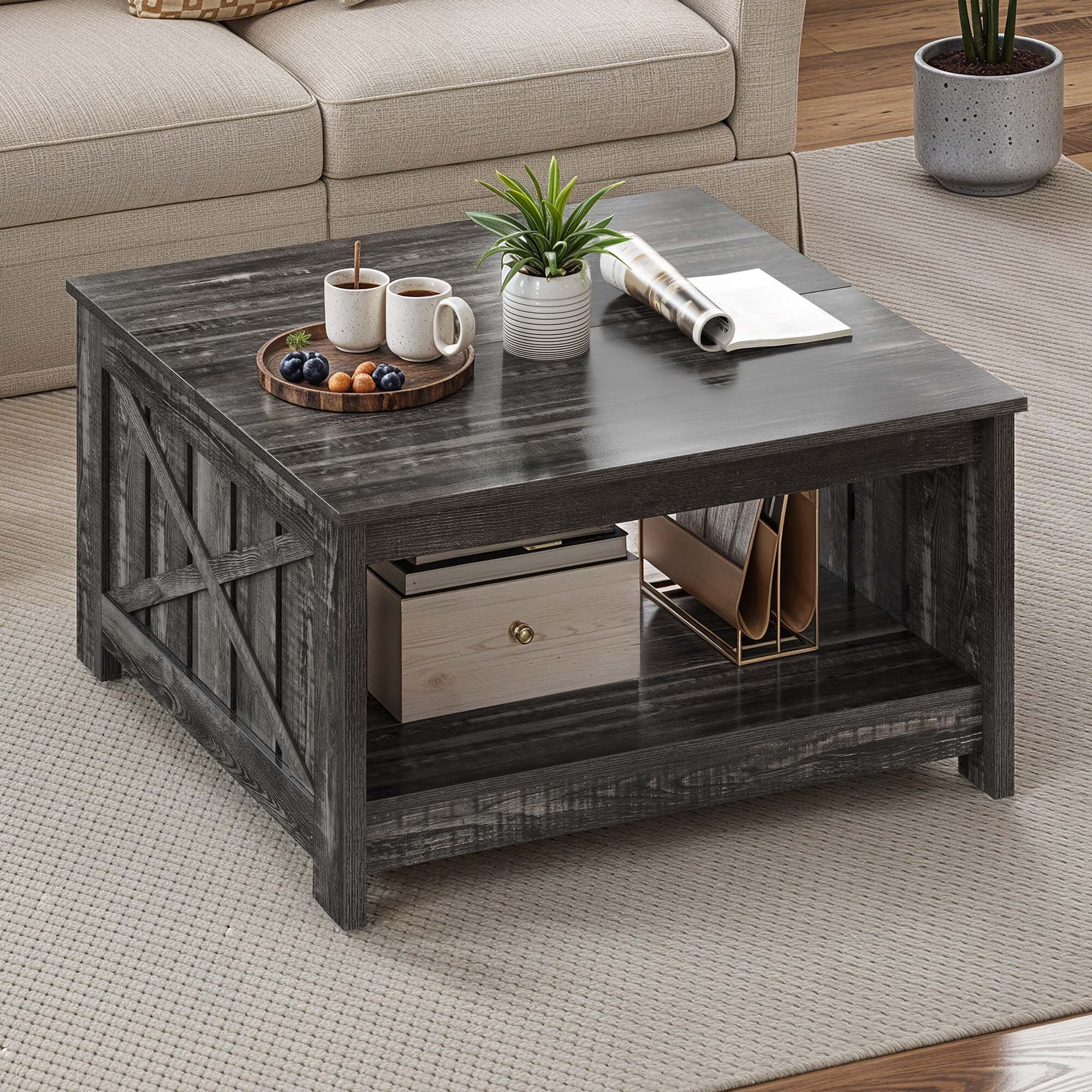 Uforic 80x80x45cm Farmhouse Wood Square Coffee Table, 2-Tier Storage Coffee Table for Living Room (Dark Rustic Oak)