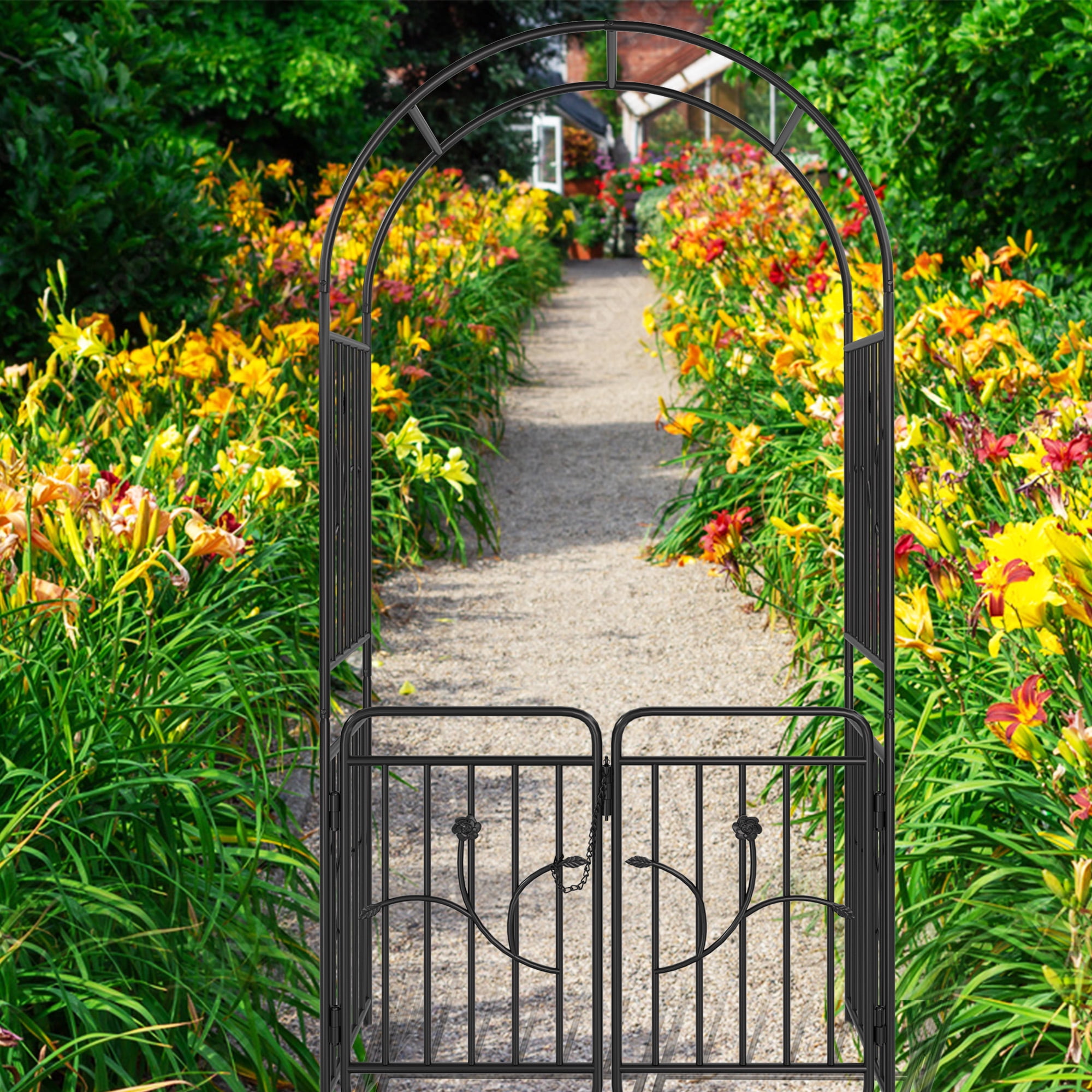 Uforic 85" H Metal Garden Arbor with Gate, Garden Arch for Climbing Plants Support or Wedding Decor,Black