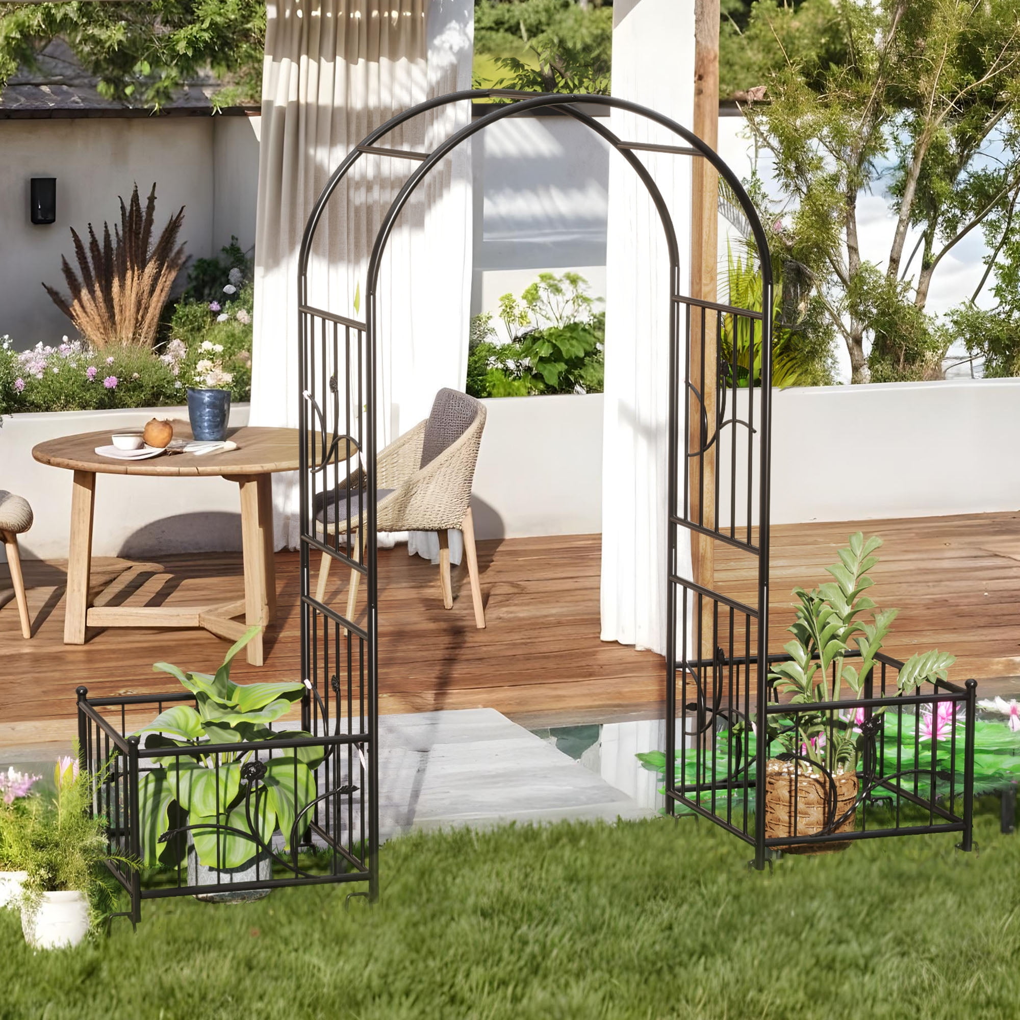Uforic 85" H Metal Garden Archway with Planter Boxes, Garden Arch Arbor Trellis for Outdoor Plant Climbing or Wedding Decor,Black