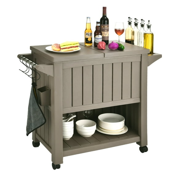 Uforic 85 Quart Rolling Cooler Cart, Outdoor Portable Outdoor Ice Chest with Bottle Opener and Bottom Storage Tray, for Patio Party BBQ, Light Brown