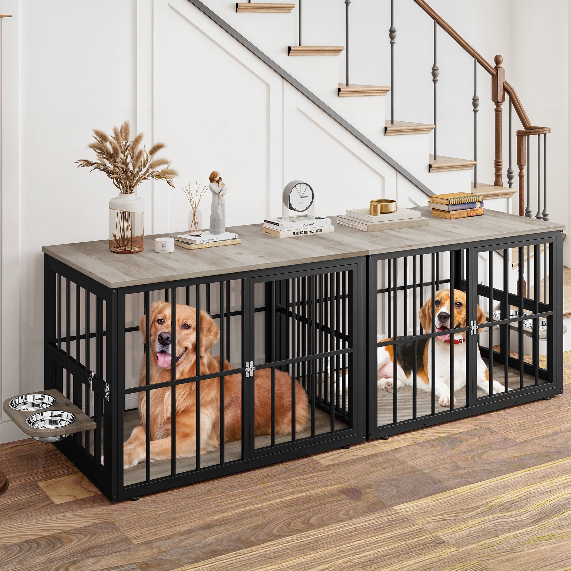 Uforic 88.6" Large Wooden Dog Crate Furniture with 3 Doors & 2 Rotatable Bowls, L-Shaped Adjustable Pet Cage TV Stand with Removable Partition for Medium Large Dogs, Gray