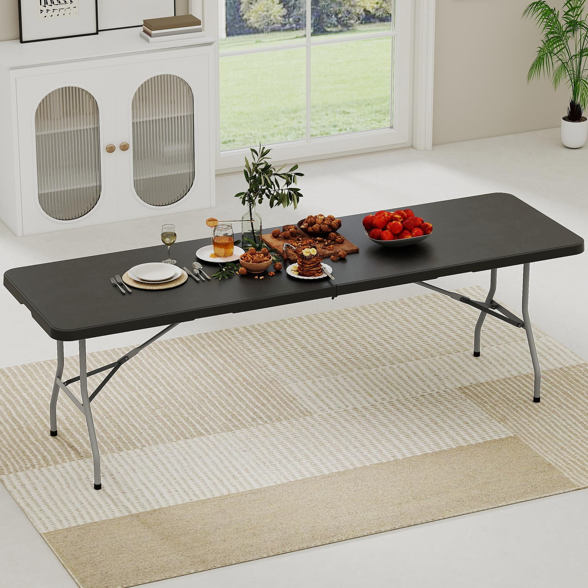 Uforic 8ft Folding Table, Heavy Duty Half-Fold Plastic Table with Carry Handle, Portable Foldable Table for Camping, Picnic, Party, Indoor and Outdoor Events, Black