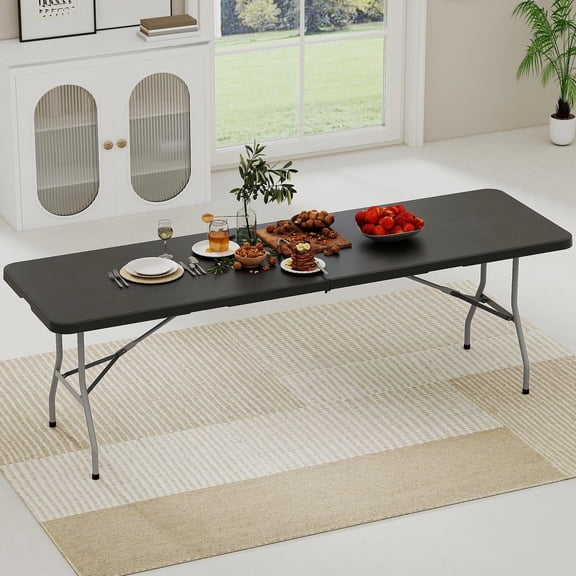 Uforic 8ft Folding Table, Heavy Duty Half-Fold Plastic Table with Carry Handle, Portable Foldable Table for Camping, Picnic, Party, Indoor and Outdoor Events, Black