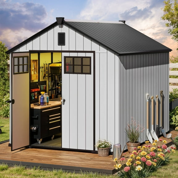 Uforic 8x10 FT Outdoor Storage Shed with Floor, Plastic Garden Shed for Bikes, Tools, and Pool Supplies, Outdoor Resin Shed with Lockable Doors, Windows, and Vents for Patio, Lawn, Backyard, Gray